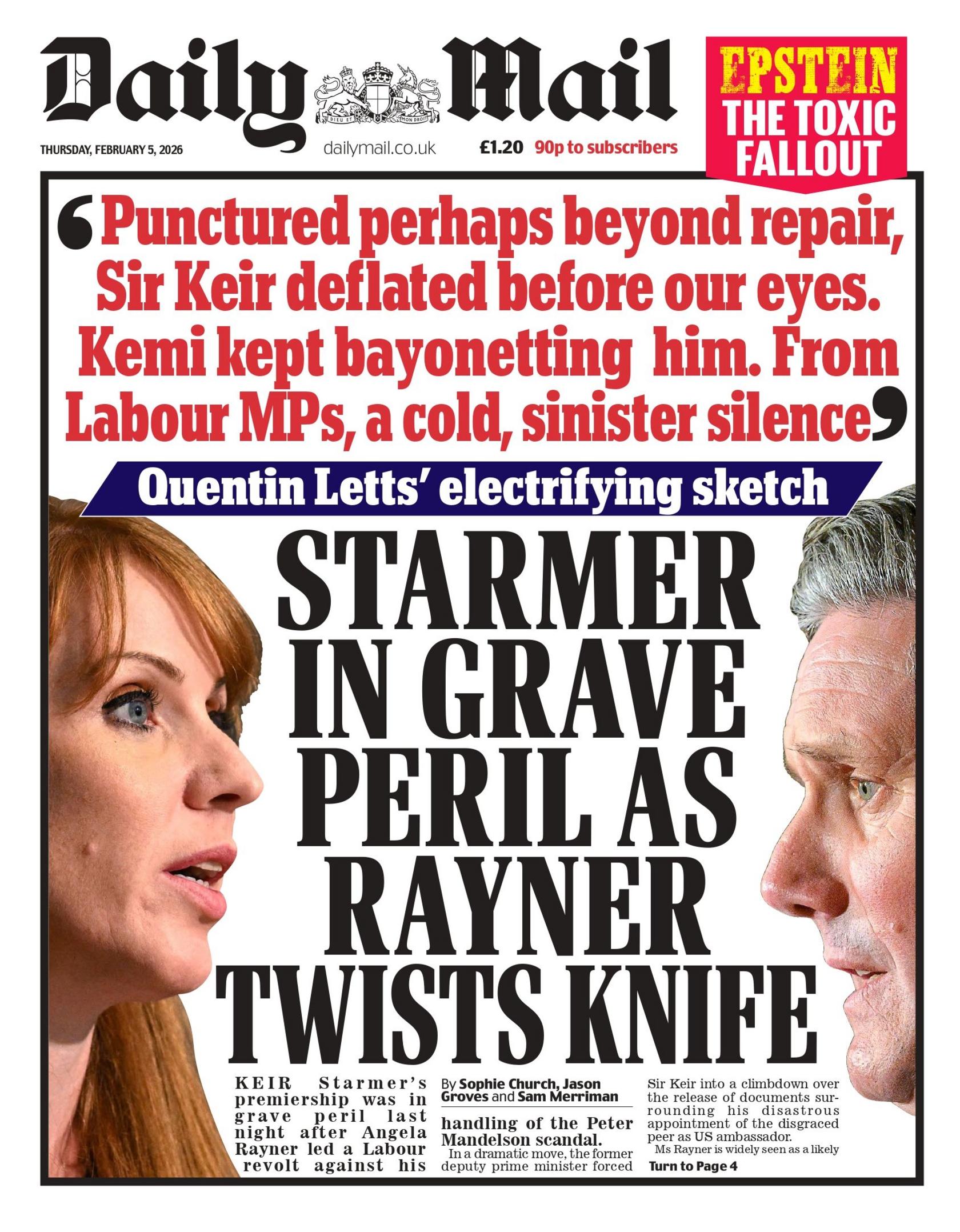 "Starmer në rrezik të madh ndërsa Rayner përdredh thikën", shkruhet në titullin kryesor në faqen e parë të Daily Mail.