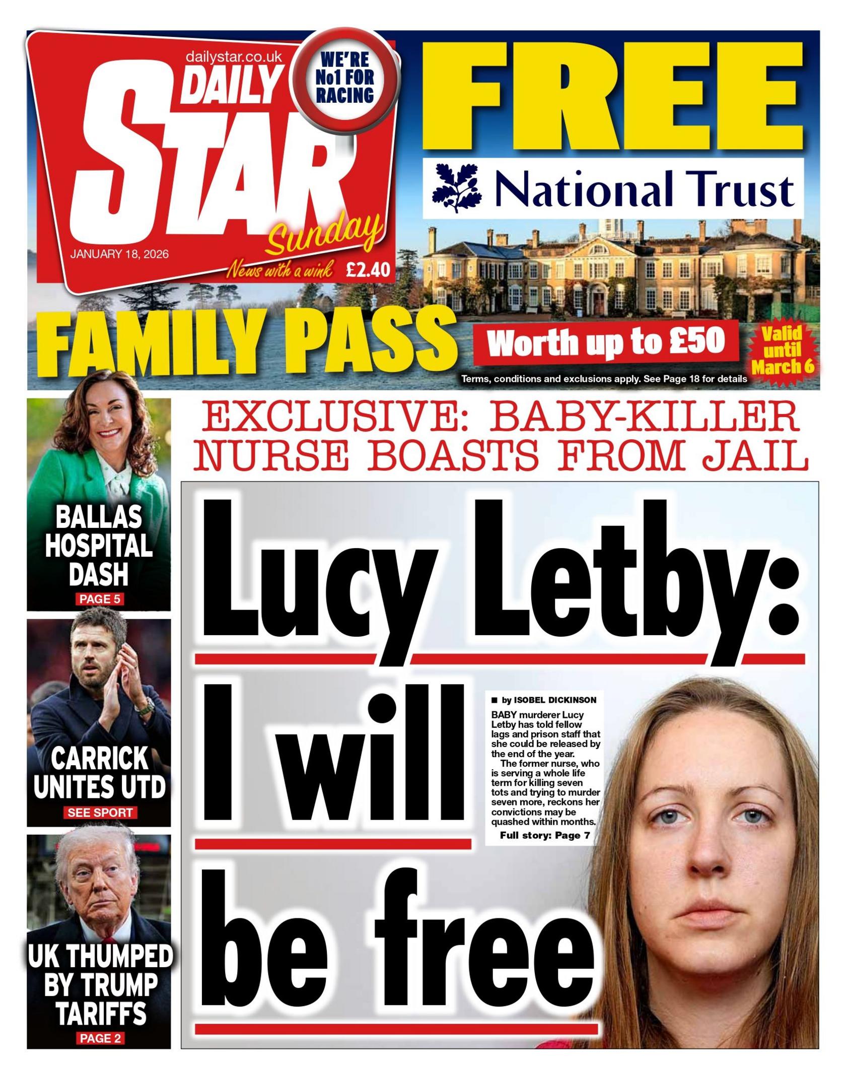 “Lucy Letby: Do të jem e lirë” shkruhet në titullin kryesor të faqes së parë të Daily Star.