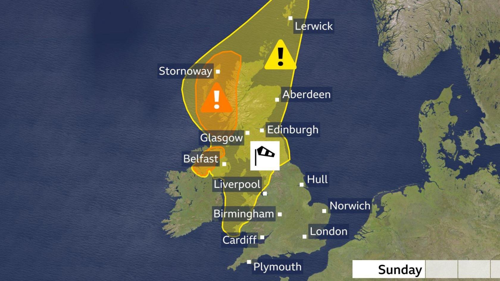 Map of the UK with a yellow warning for wind across much of the north and west of the country. Smaller amber areas cover western Scotland and the west of Northern Ireland