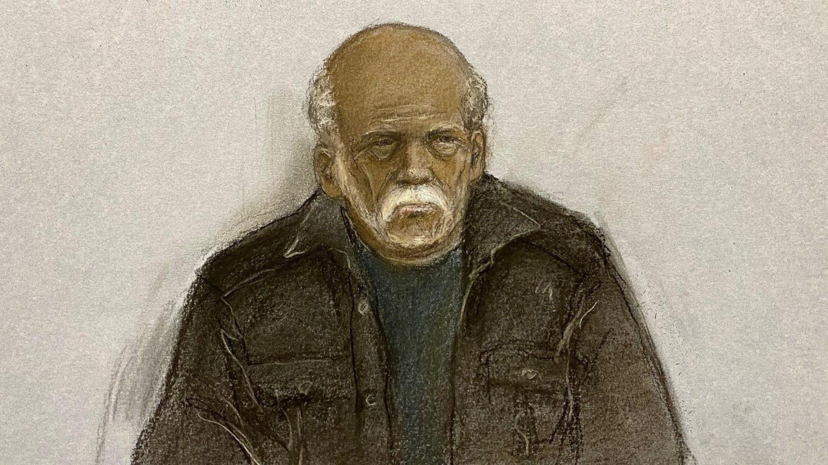 Court sketch of Ryland Headley who has white, receeding hair and facial hair and is wearing a brown jacket