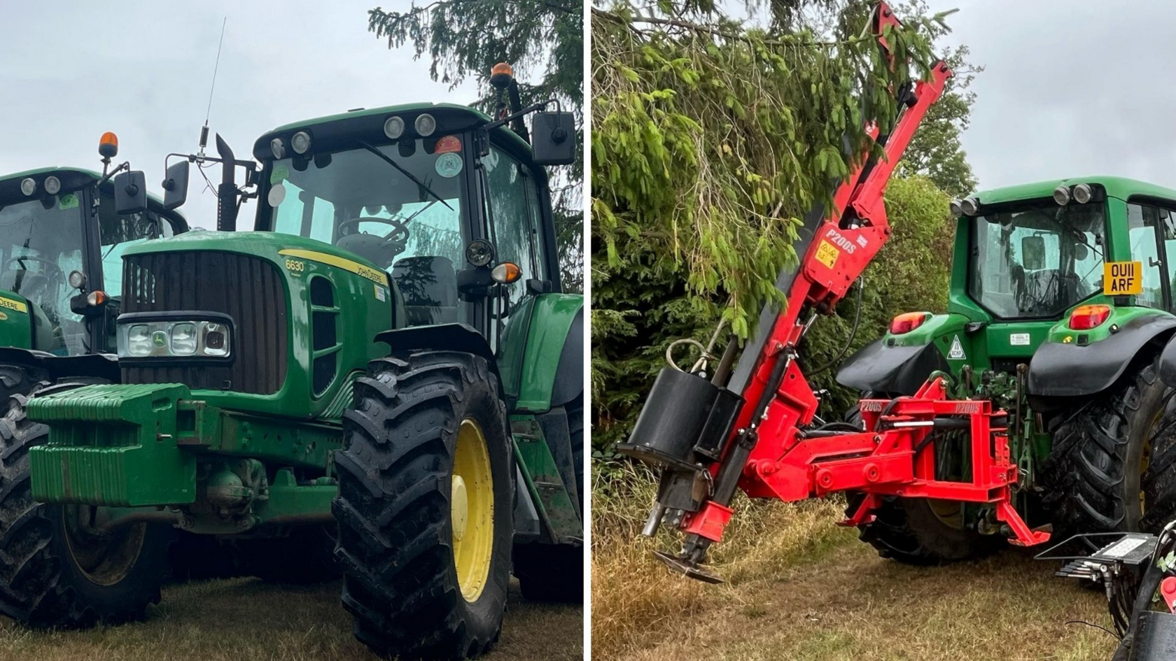 An image is split vertically in the middle, with a green tractor shown on the left and a green tractor with a post knocker attachment in a field shown on the right.