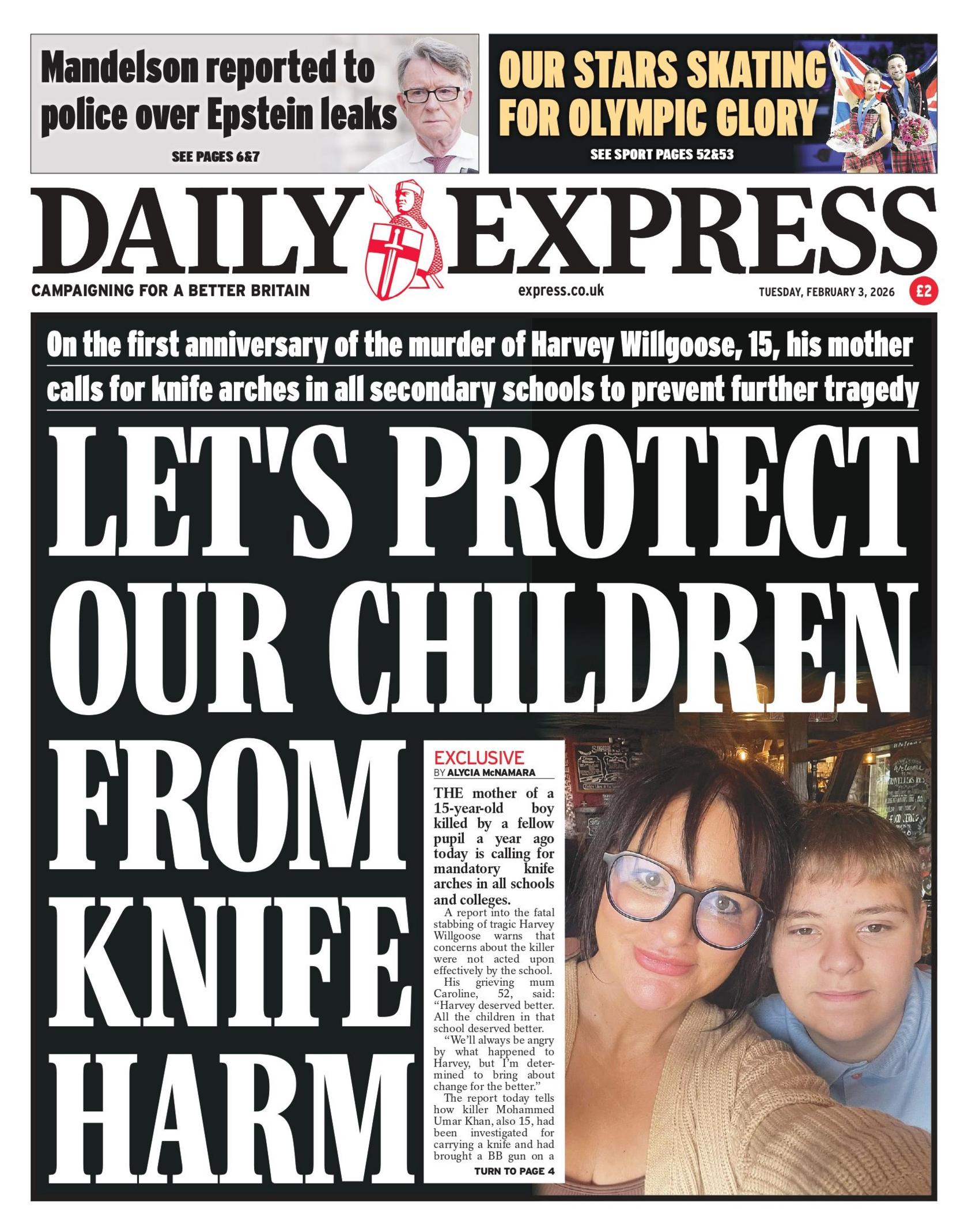 "Le t'i mbrojmë fëmijët tanë nga dëmtimet me thikë", shkruhet në titullin kryesor të faqes së parë të Daily Express.