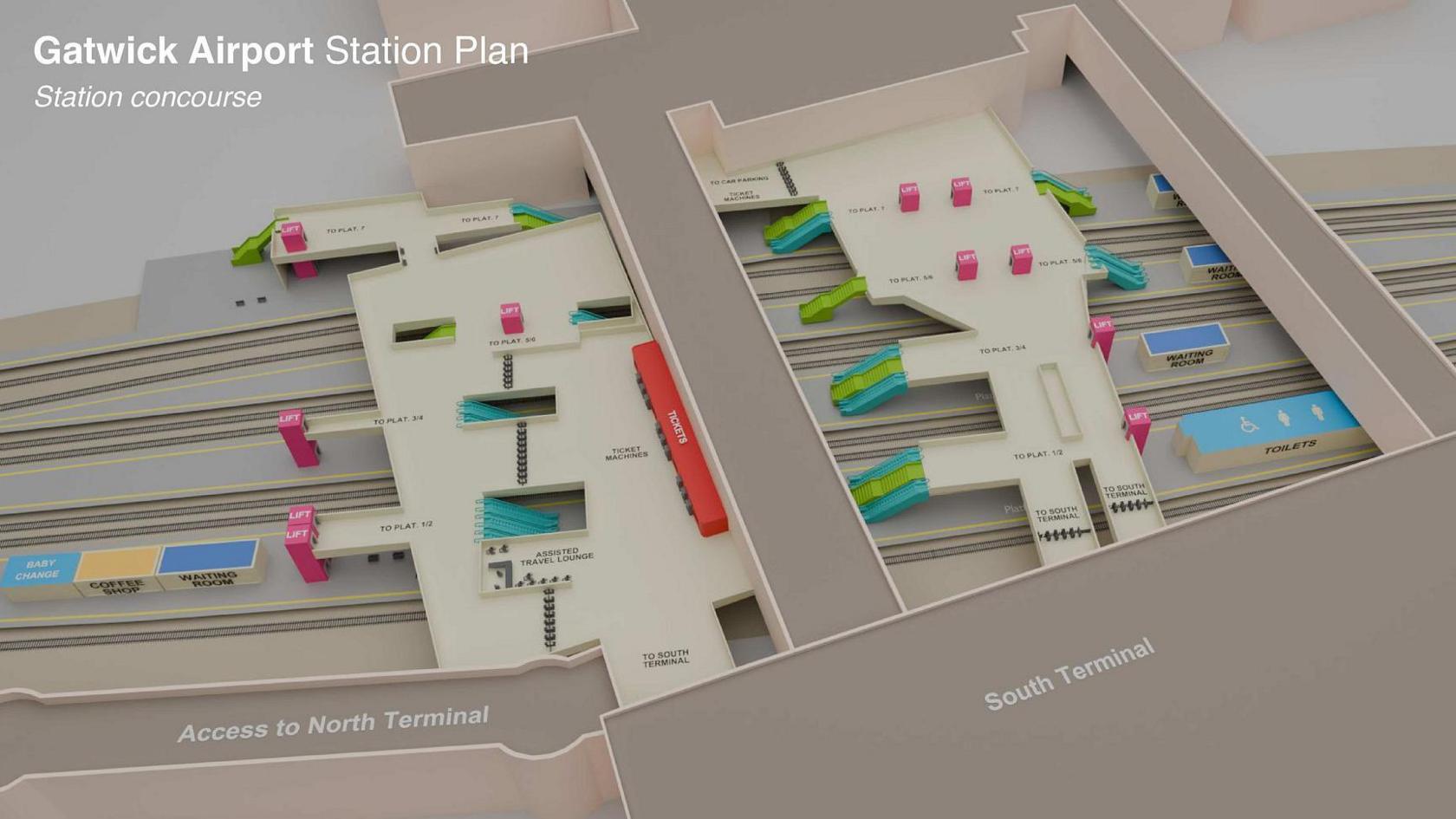 A 3D map of Gatwick Airport station, highlighting where the north and south terminals are, the platforms, stairs and footbridges