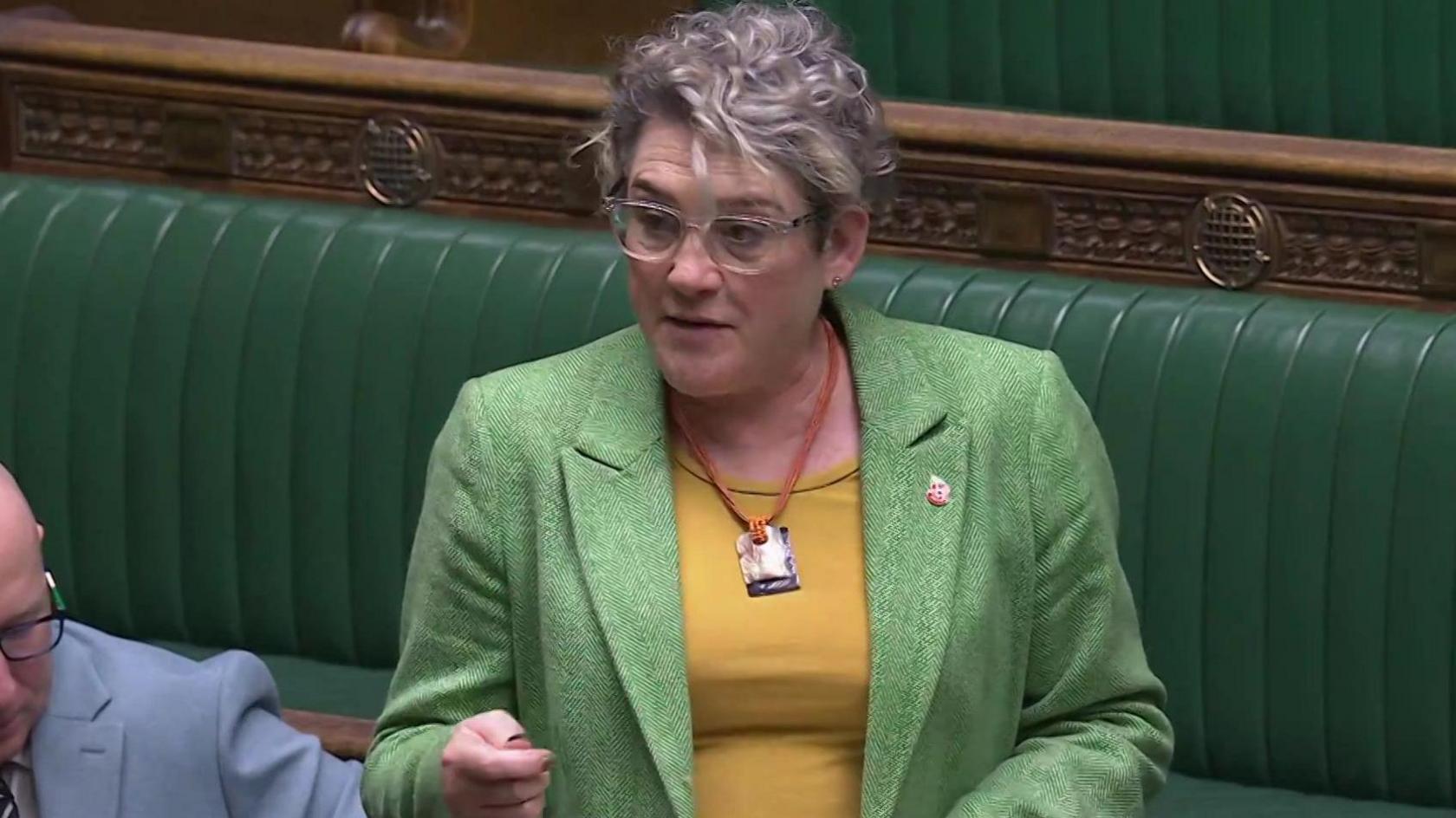 MP Ashley Dalton is in the House of Commons and is wearing a yellow t-shirt and a green jacket. She has short grey curly hair and is wearing light framed glasses.