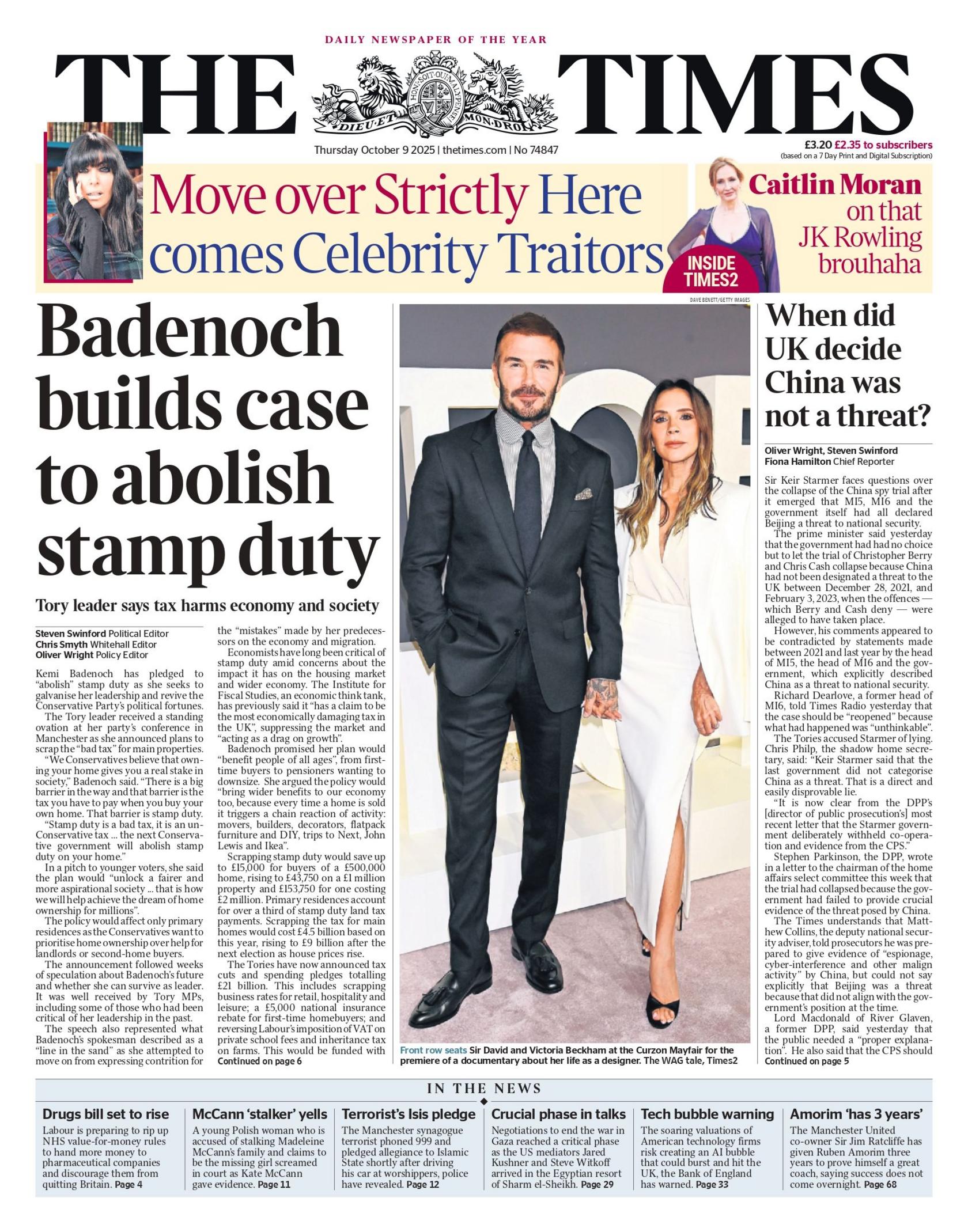 The headline on the front page of the Times reads: "Badenoch builds case to abolish stamp duty: Tory leader says tax harms economy and society".