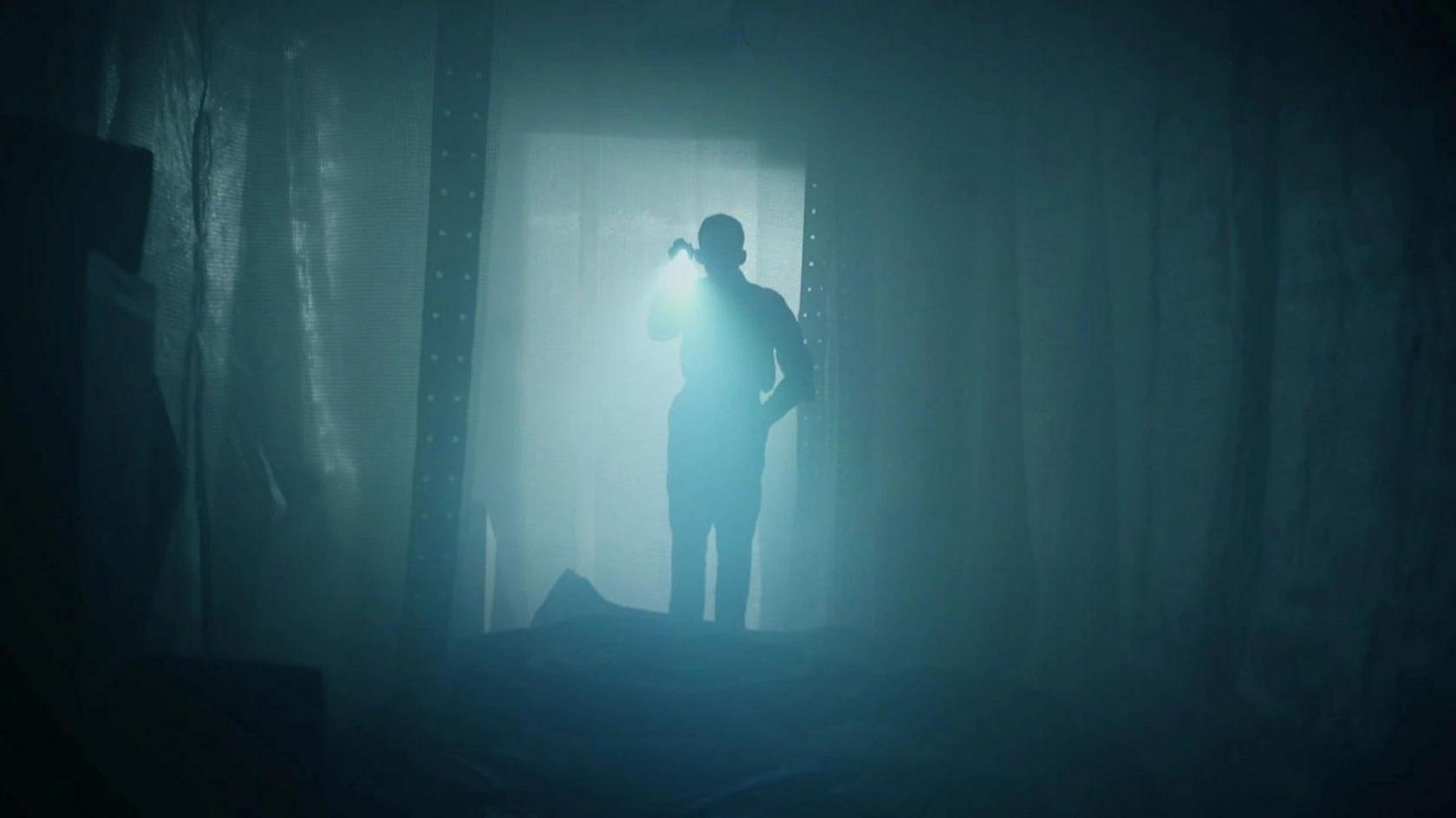 A silhouetted man holding a torch looks down through a dark corridor.