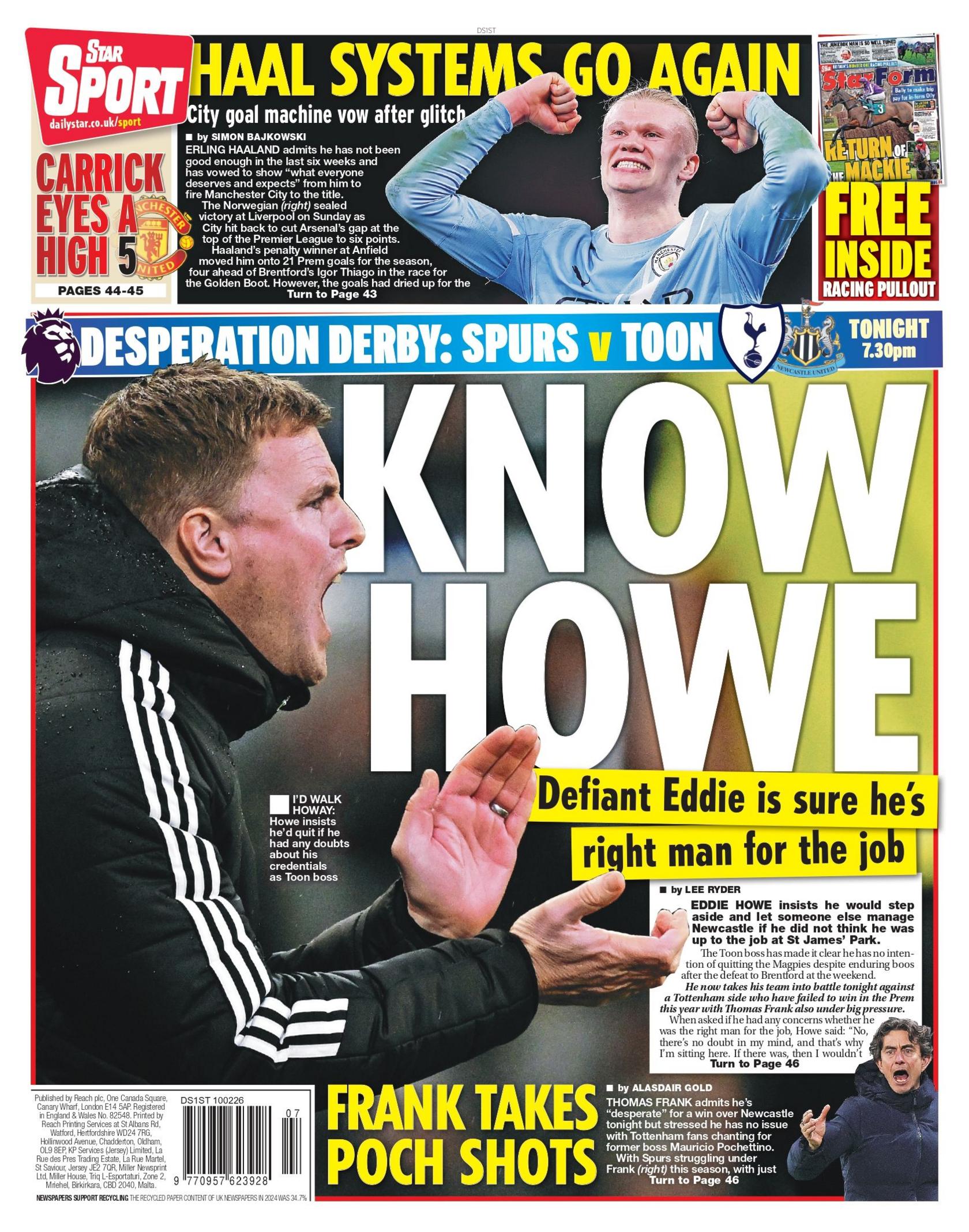 Star back page with the main headline "Know Howe" and a photograph of Newcastle United boss Eddie Howe.