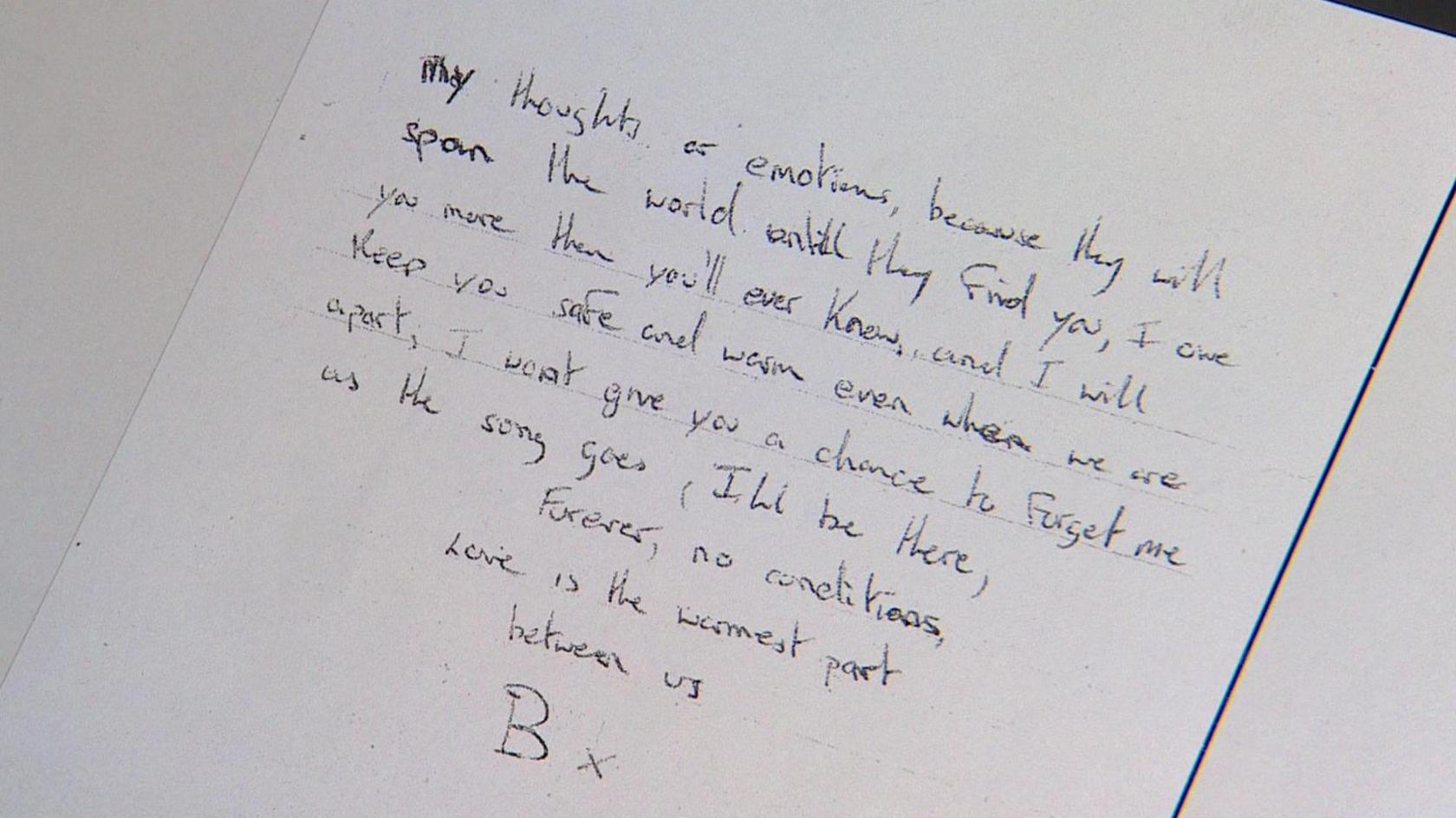 A picture of a letter sent by Brian Furneaux to Lauren which was used in his trial as evidence of grooming