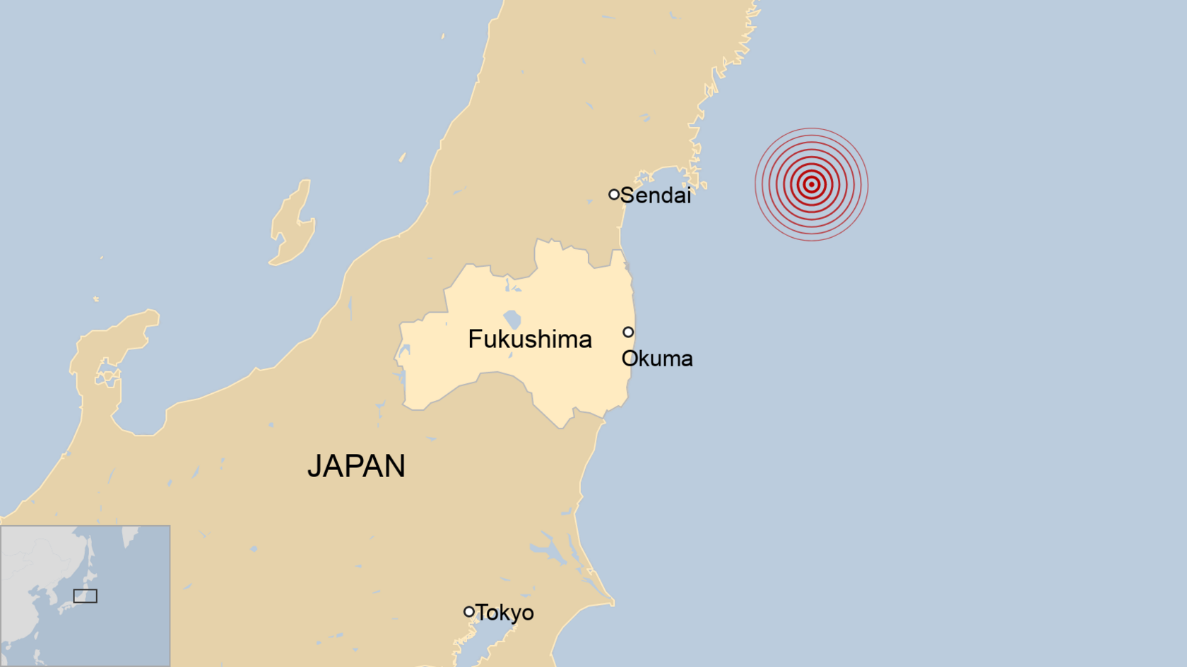 Map showing Fukushima Daiichi nuclear plant location in relation to the 2011 earthquake in Japan