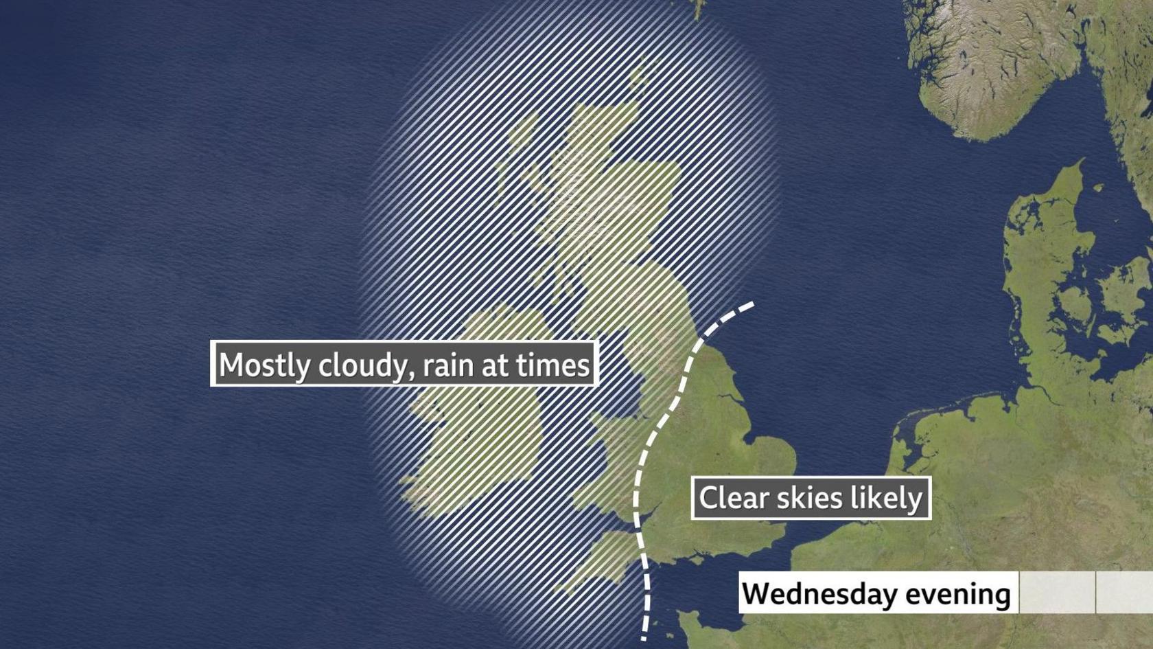 Map of UK with two zones.
Central and eastern England zone shows 'Clear skies likely'.
Rest of UK marked as 'Mostly Cloudy, rain at times'