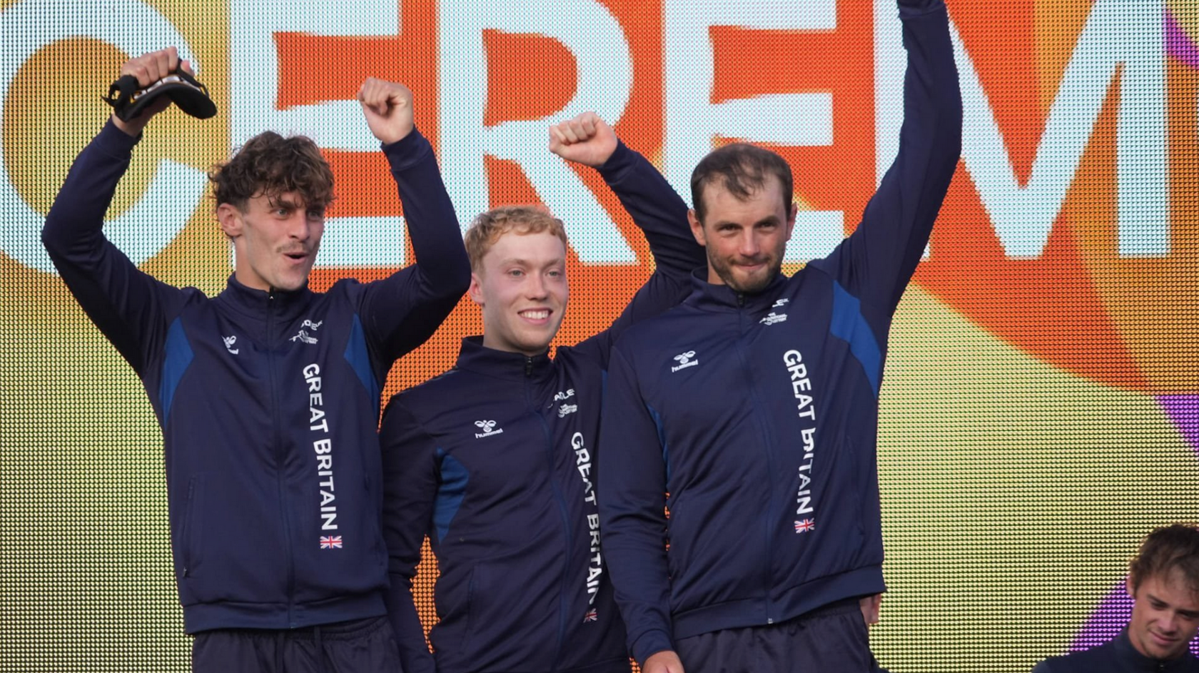 Adam Burgess, Ryan Westley and Luc Royle celebrate