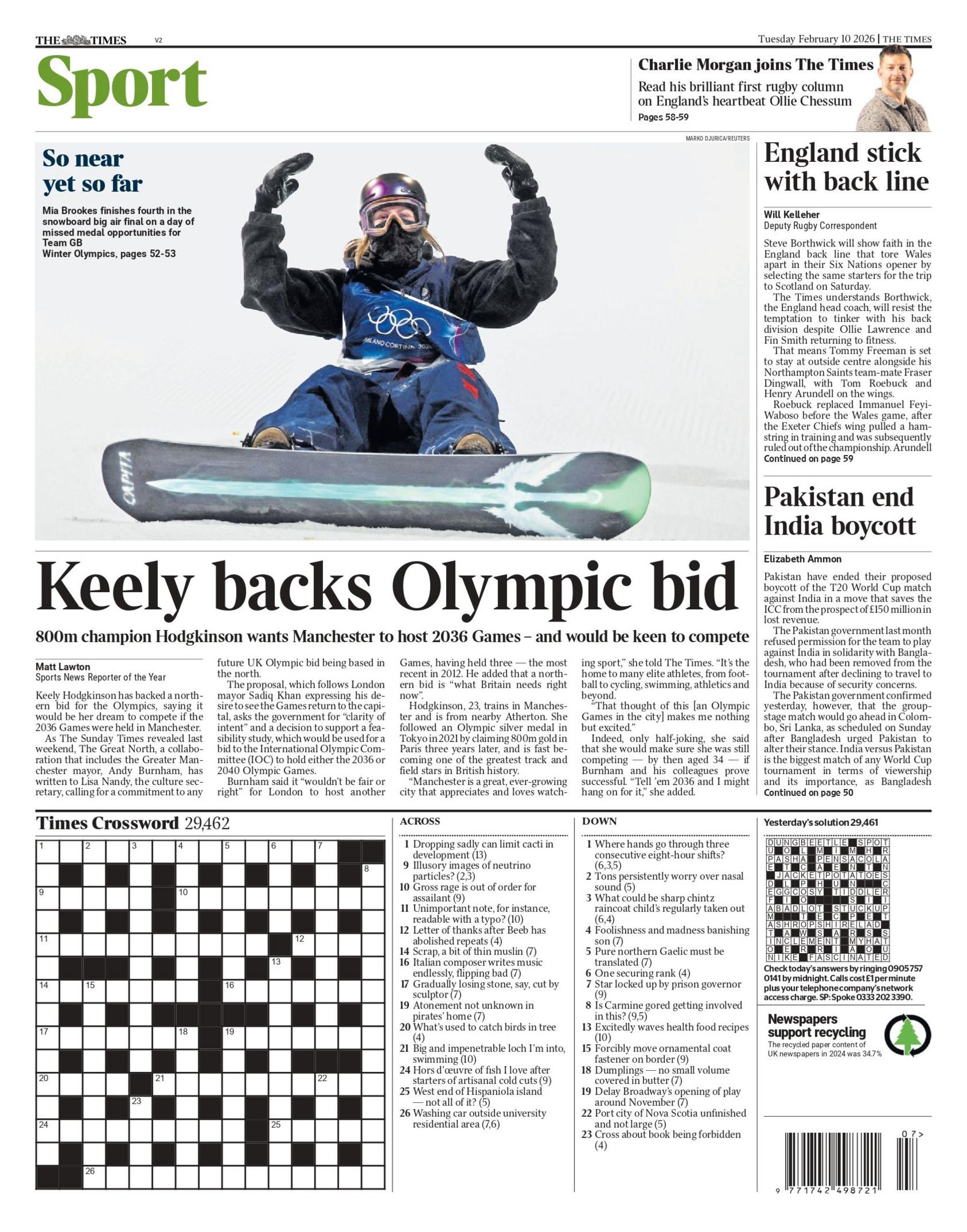Back page of the Times with the headline "Keely backs Olympic bid"