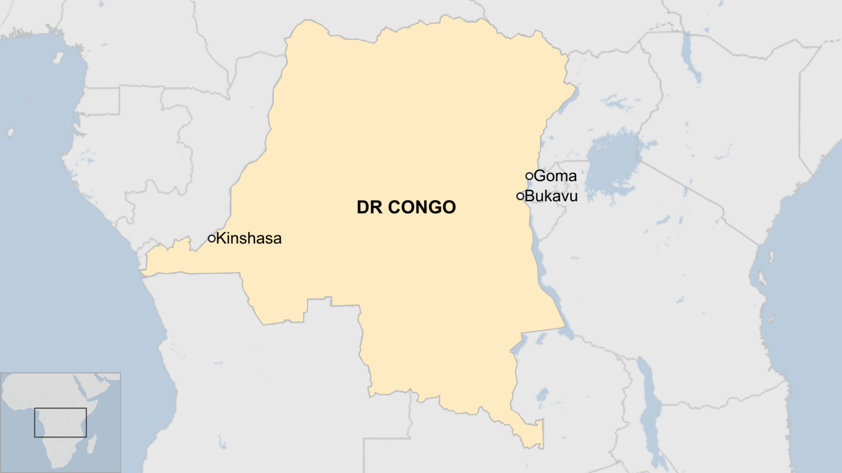 Map showing where Goma is in relation to the cities of Bukavu and Kinshasa