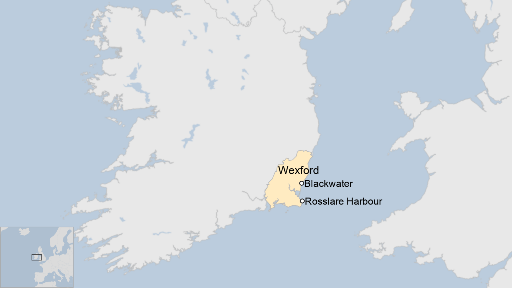 Map showing position of Blackwater and Rosslare Harbour