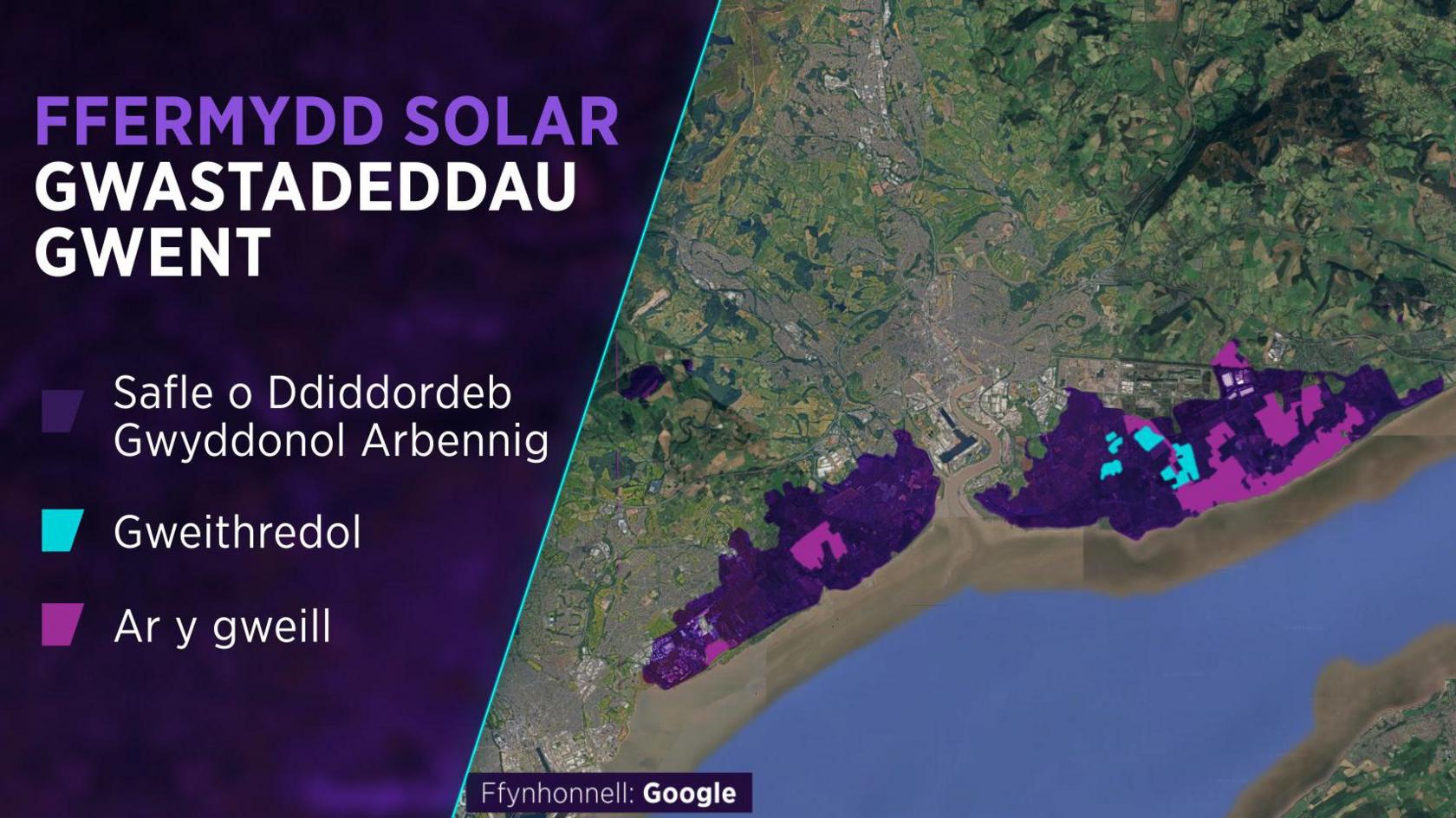 Llun lloeren o Wastadeddau Gwent yn dangos y safle o ddiddordeb gwyddonol a safleodd ffermydd solar posibl