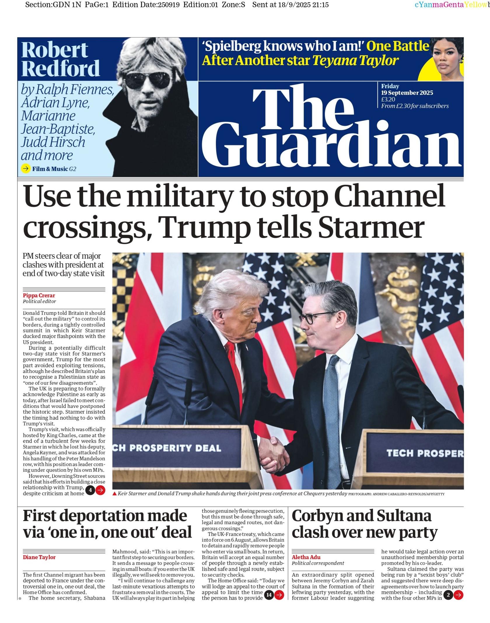 "Use the military to stop Channel crossings, Trump tells Starmer" reads the headline on the front page of The Guardian.