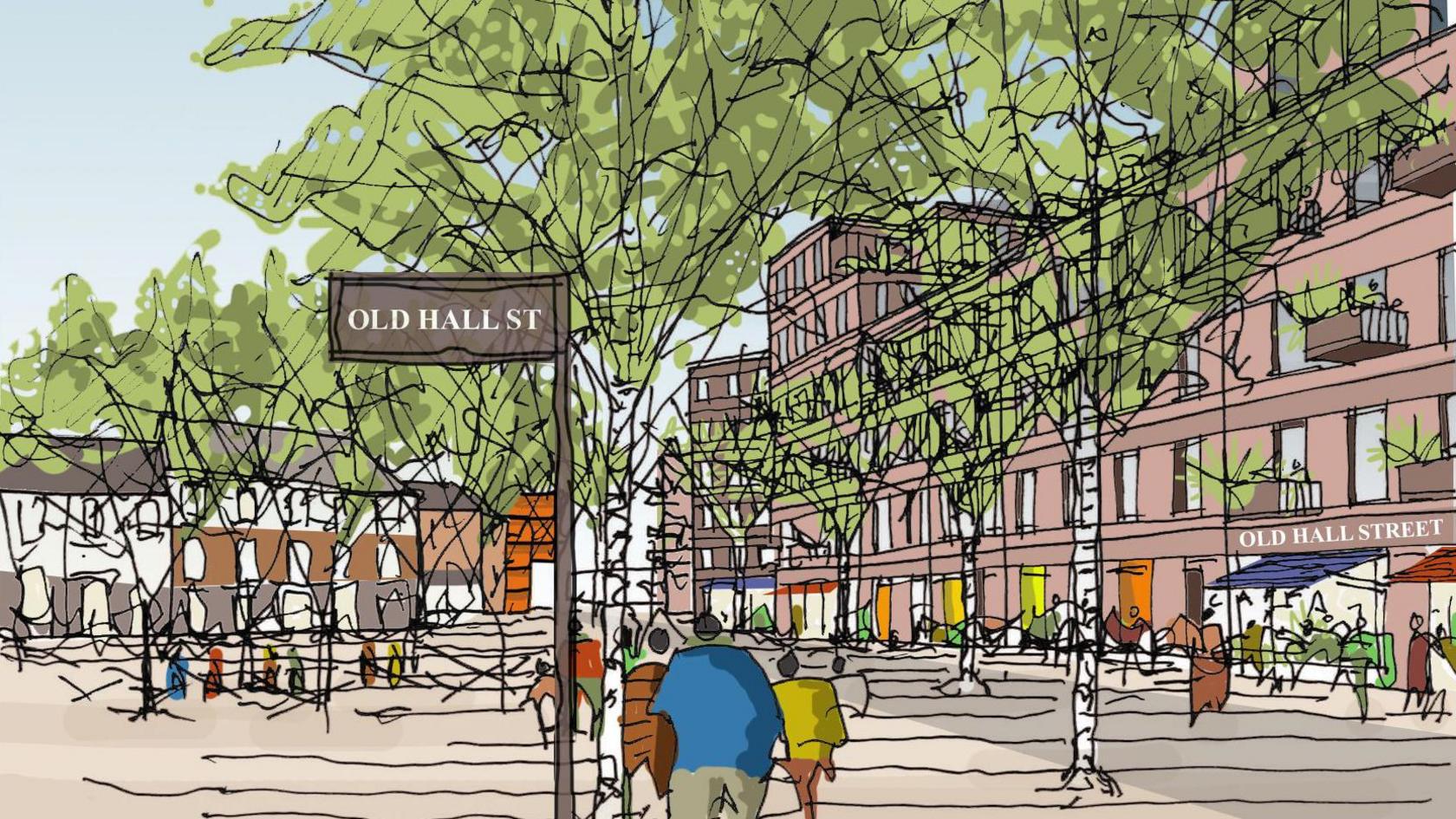 An artist's impression of a street scene, with a sign that read 'Old Hall Street'. There are buildings either side of a tree-lined pedestrian area, with lots of people milling about.