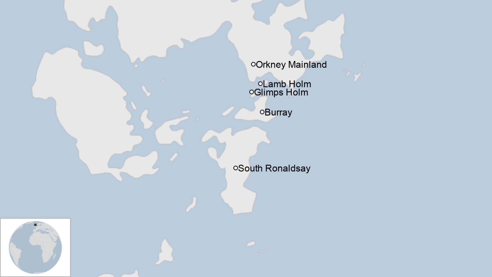 Map showing the island of South Ronaldsay, Burray, Glimps Holm, Lamb Holm and the Orkney mainland.