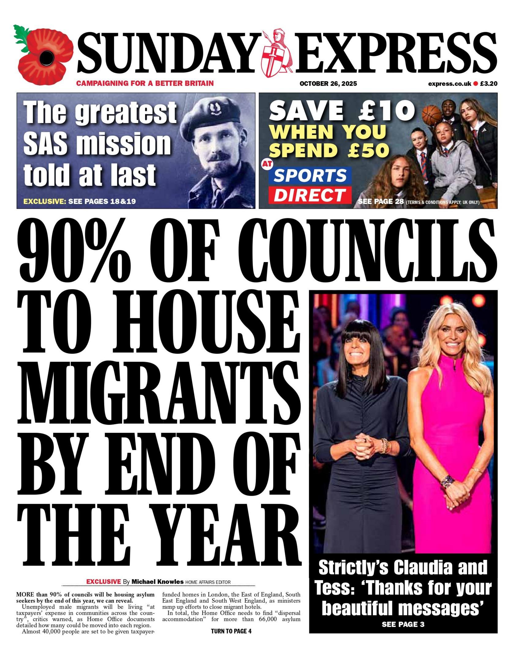 The headline on the front page of the Sunday Express reads: "90% of councils to house migrants by end of the year".