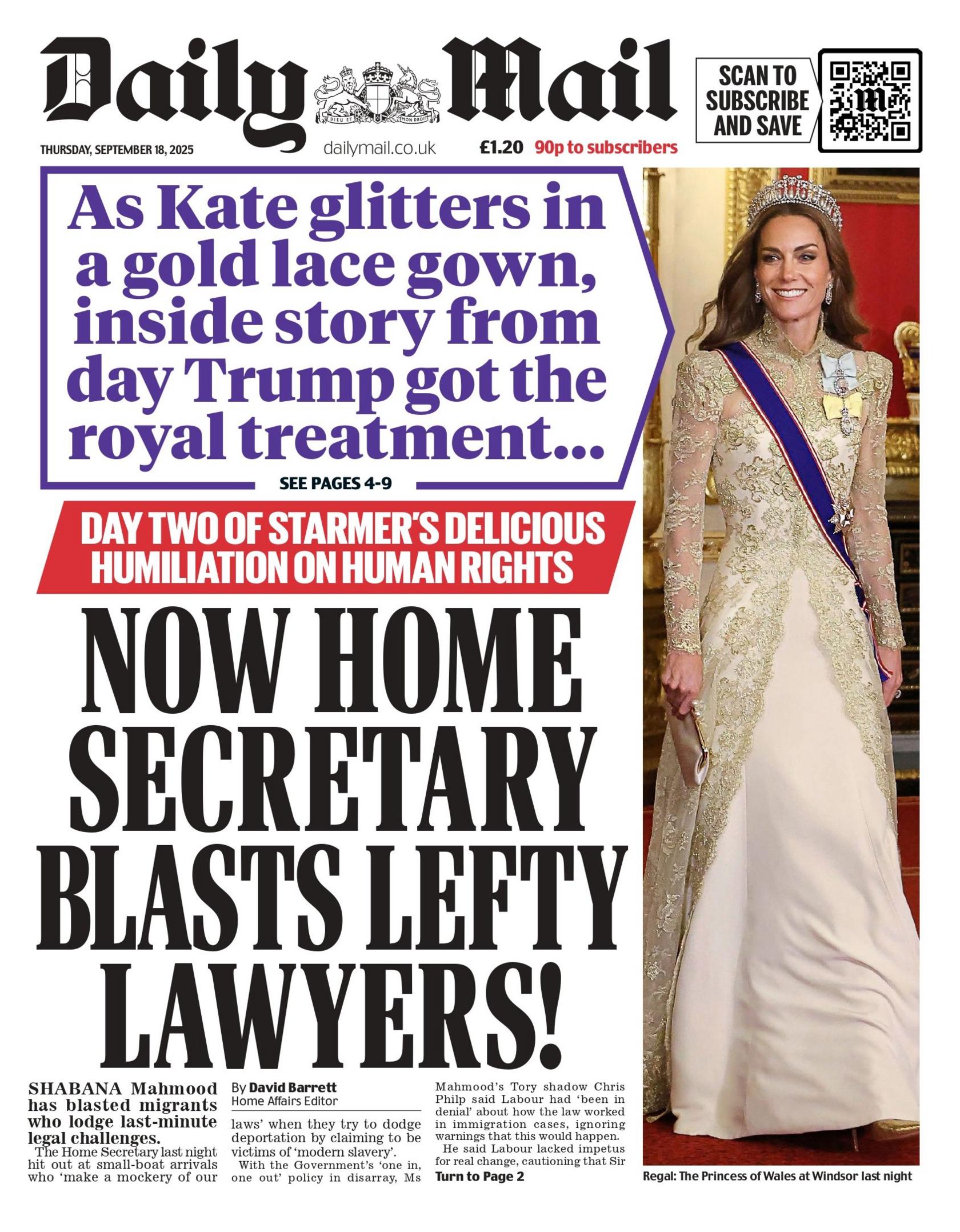 "Now Home Secretary blasts lefty lawyers!" reads the headline on the front page of the Daily Mail.