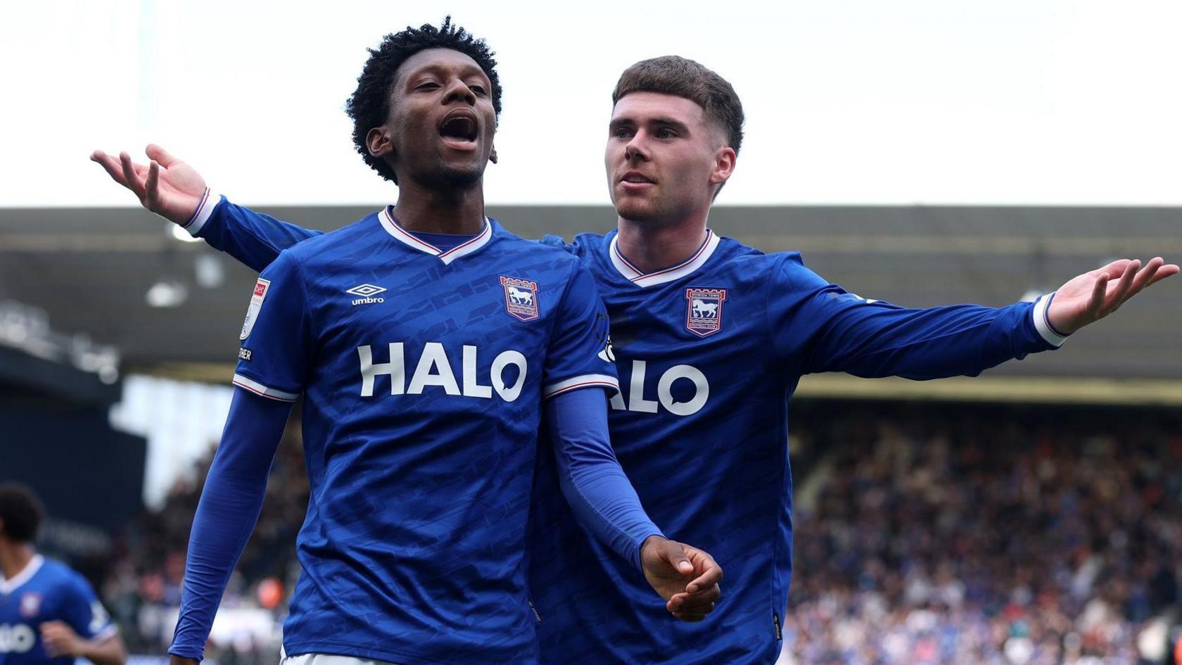 Jaden Philogene and Leif Davis celebrates Ipswich's second goal at Portman Road