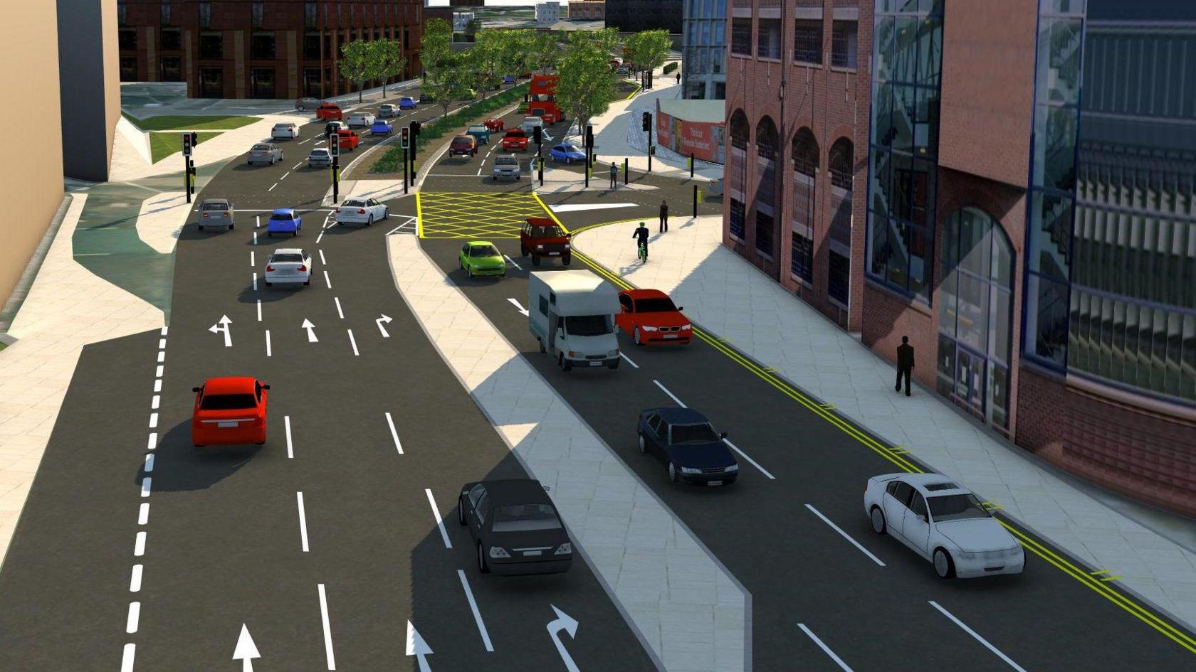 A CGI of how the road will look. The eastbound carriageway has been reduced down to two lanes. Three lanes remain on the westbound carriageway.