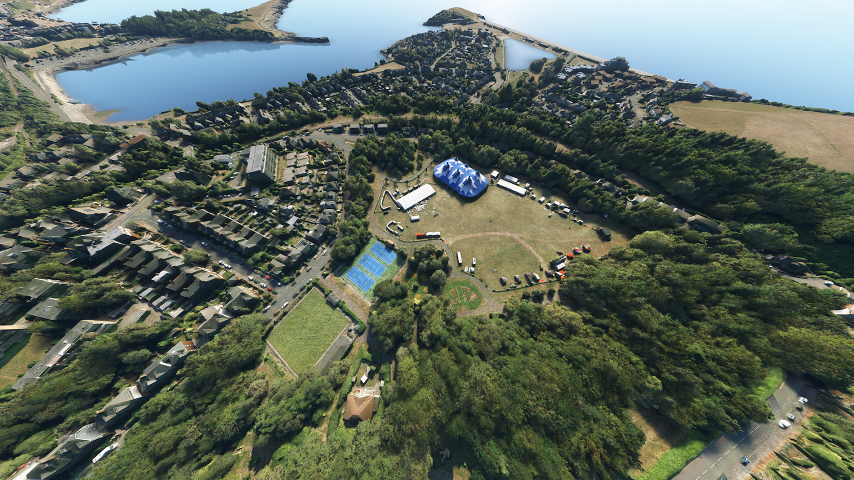 An aerial view of Romilly Park, Barry with the Glastonbarry tent.