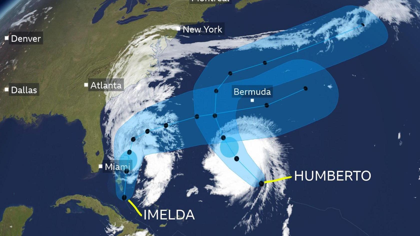 Satellite image showing both storms Imelda and Humberto from space. Blue cones heading north then north-eastwards from the centre of each storm show the expected tracks across the Atlantic.