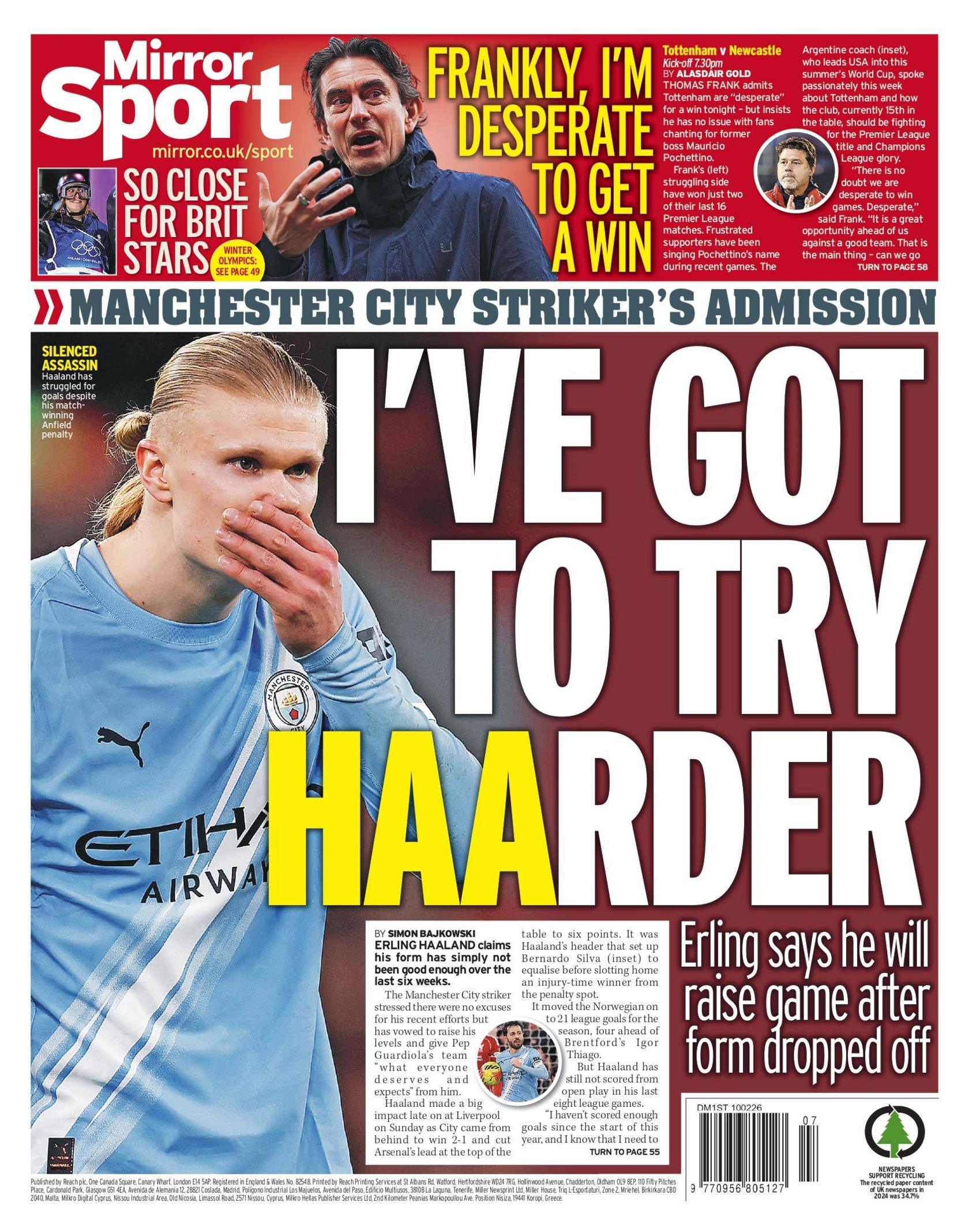 Backpage of the Mirror. The headline reads "I've got to try Haarder - Erling says he will raise game after form dropped off".