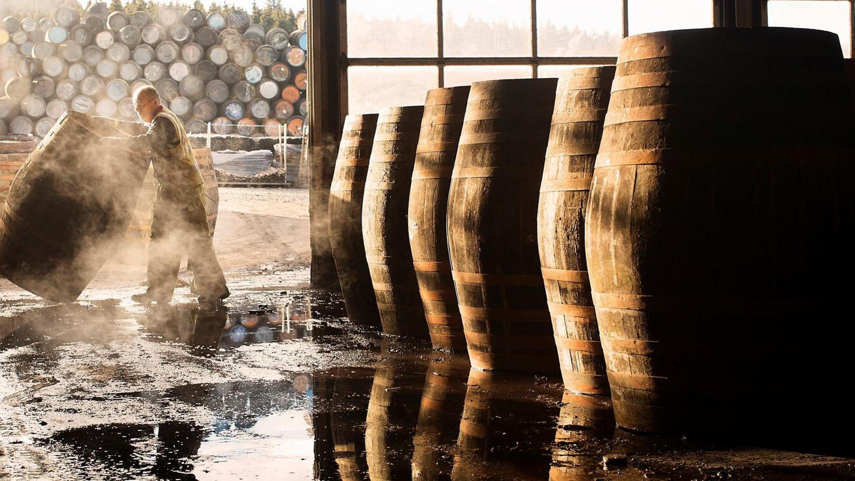 A man moves a whisky barrel in a warehouse. There are dozens of barrels in the background (outside of the warehouse). Inside the warehouse there are six large barrels.