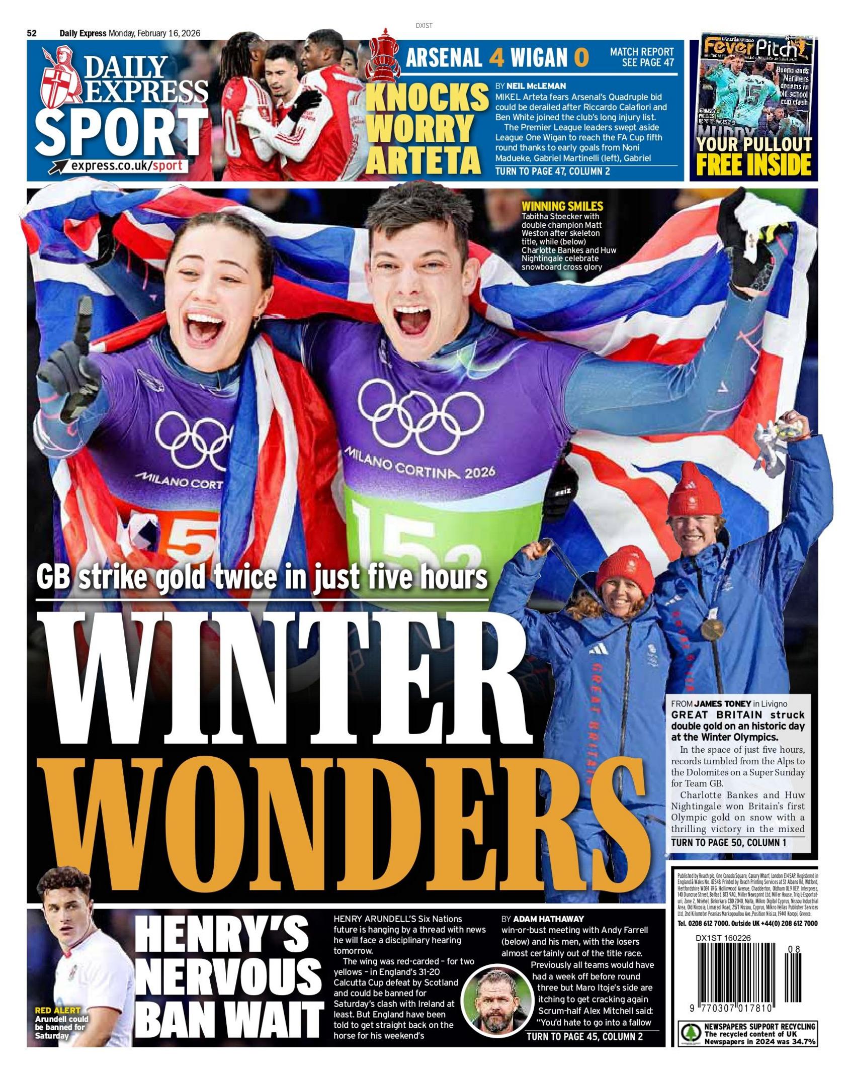 Back page of the Daily Express with the main headline reading "Winter Wonders - GB strike gold twice in just five hours".
