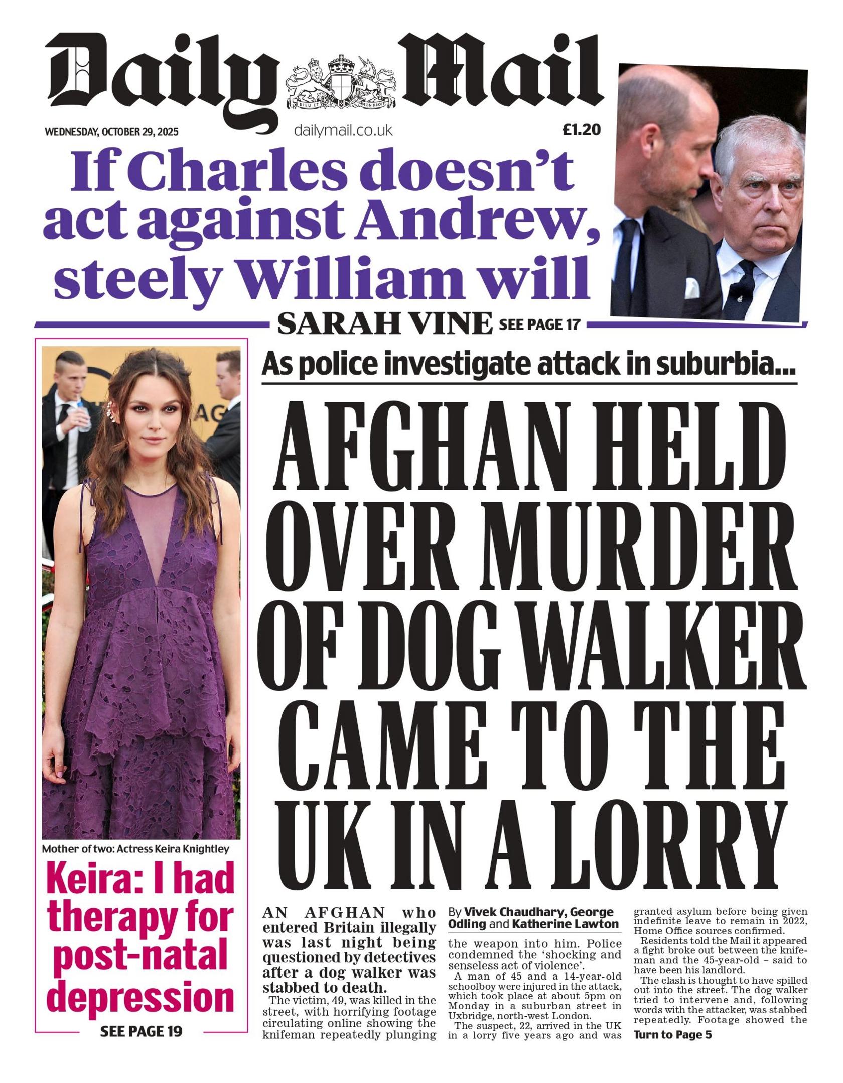 "Afghan held over murder of dog walker came to the UK in a lorry" reads the headline on the front page of The Daily Mail.