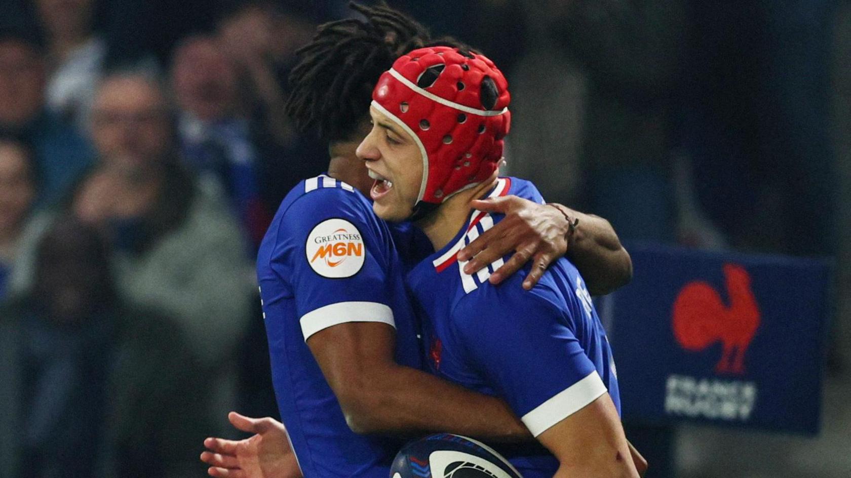 Louis Bielle-Biarrey celebrates his try for France against Italy in the Six Nations