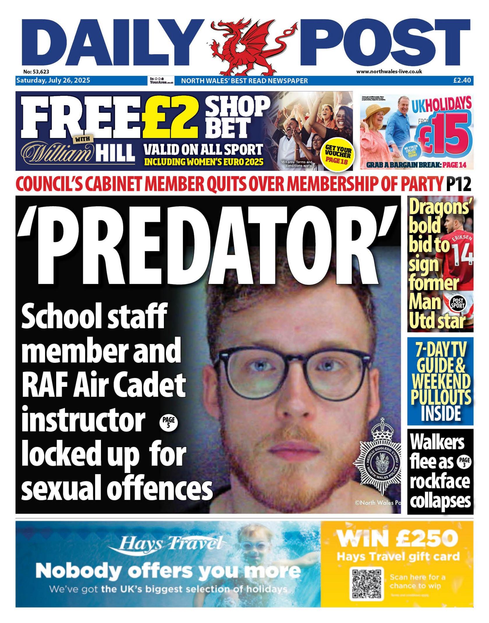 The front page of the Daily Post. Main headline: 'Predator'. Other headline: School staff member and RAF Air Cadet instructor locked up for sexual offences. These headlines are placed next to a police mugshot of a man with short brown hair and a red and brown-coloured beard who is wearing glasses. 