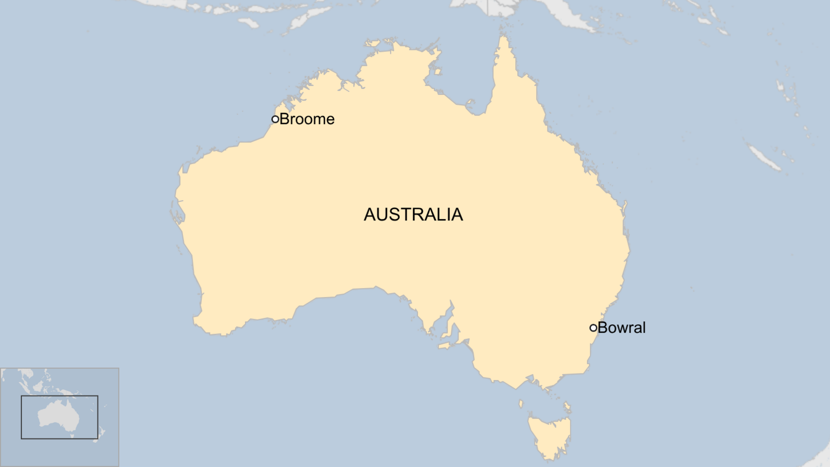 Map of Australia showing Broome in Western Australia to Bowral, south-west of Sydney