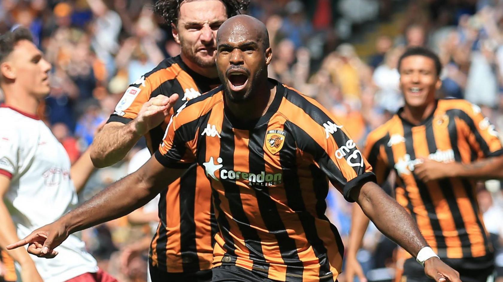 Oscar Estupinan celebrates scoring for Hull City against Bristol City