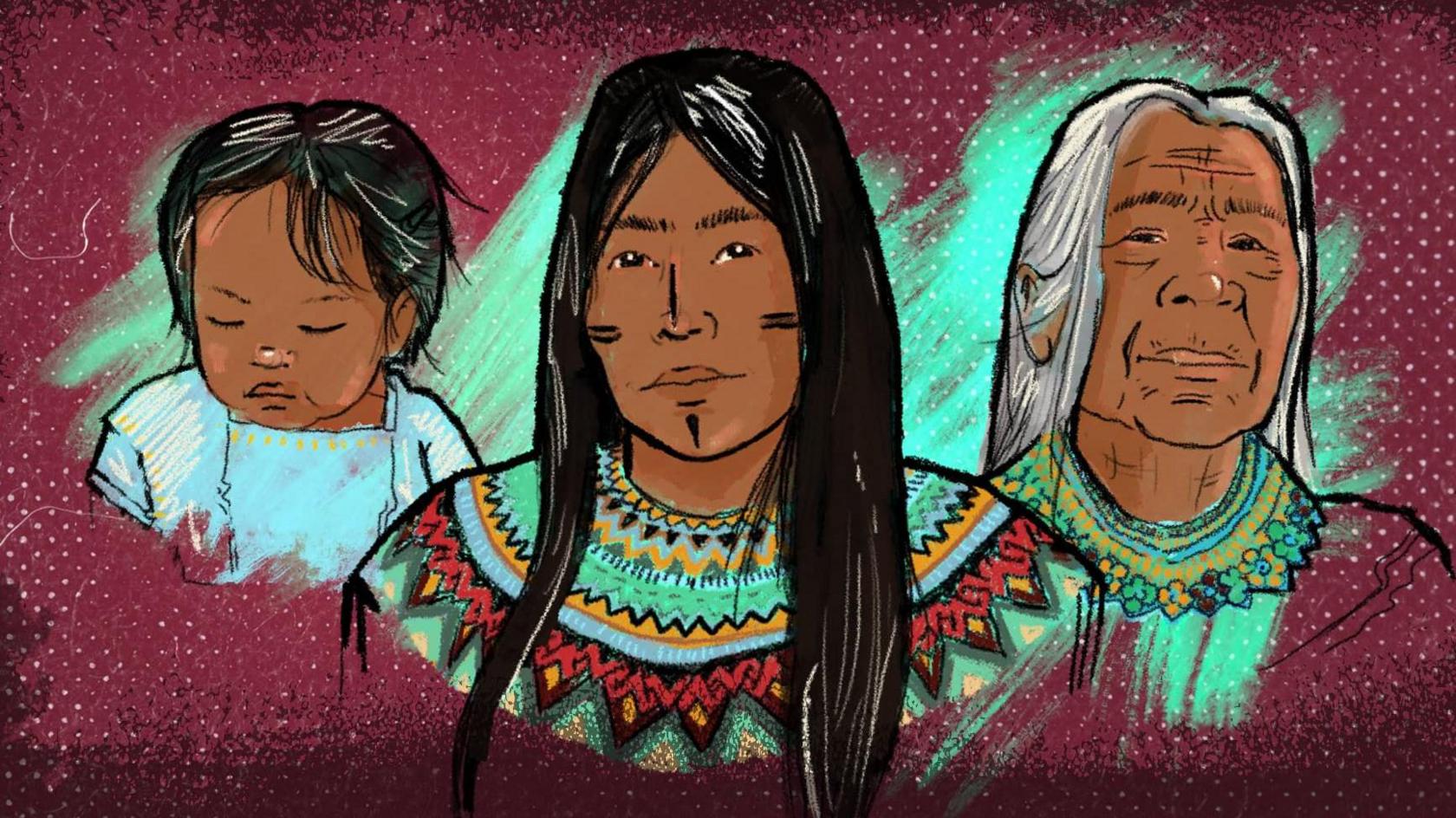 A pencil picture of three generations of Emberá women against a backdrop of a maroon cloth with white dots. On the left is a baby girl wearing blue, looking down, in the middle is a woman (the mother) with long black hair and black lines on her cheeks and nose, wearing a patterned jumper, on the right is an older woman with long white hair and wrinkles (the grandmother). Both women look directly in front of them.