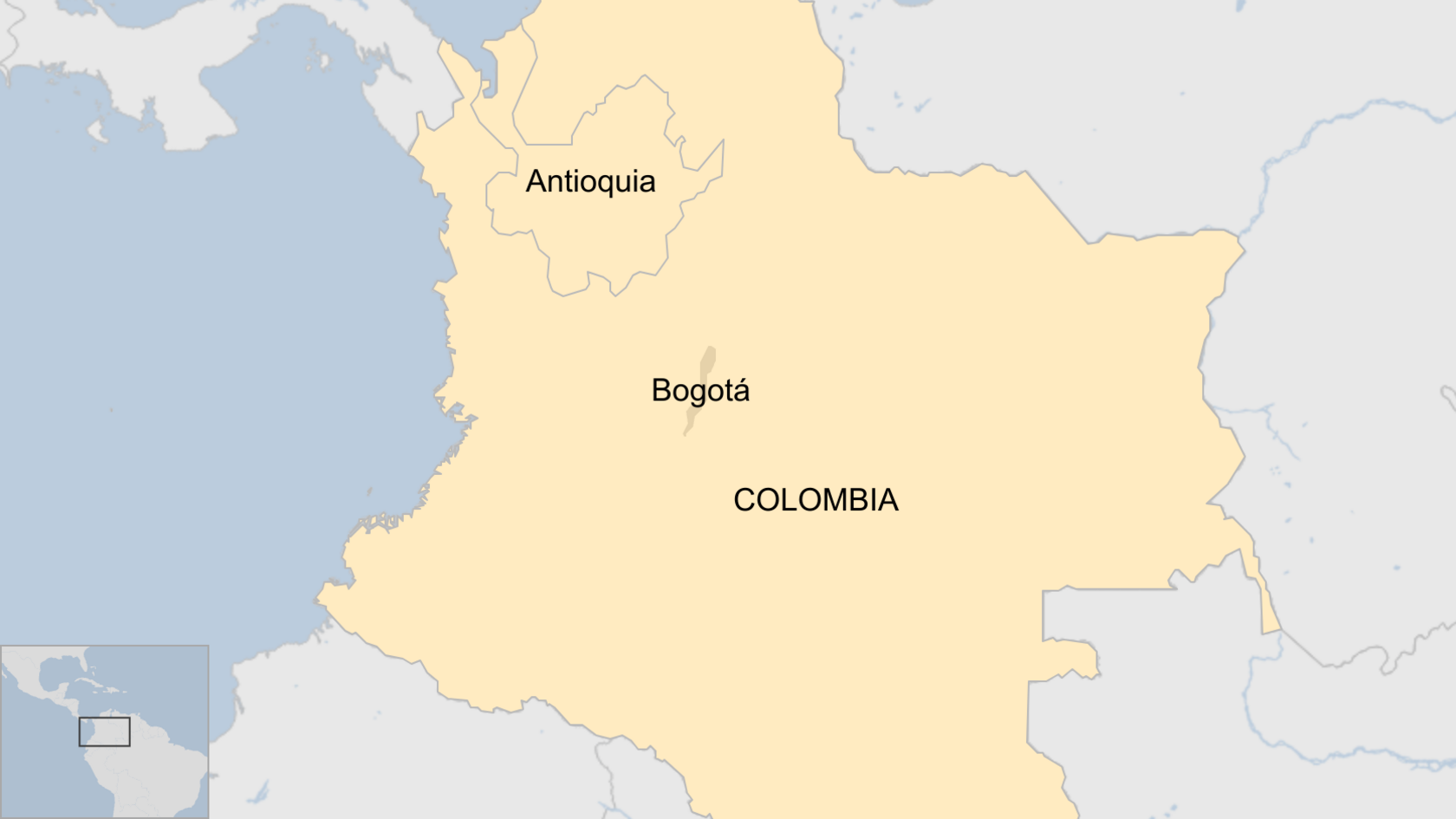 A map of Colombia showing Bogota and Antioqia