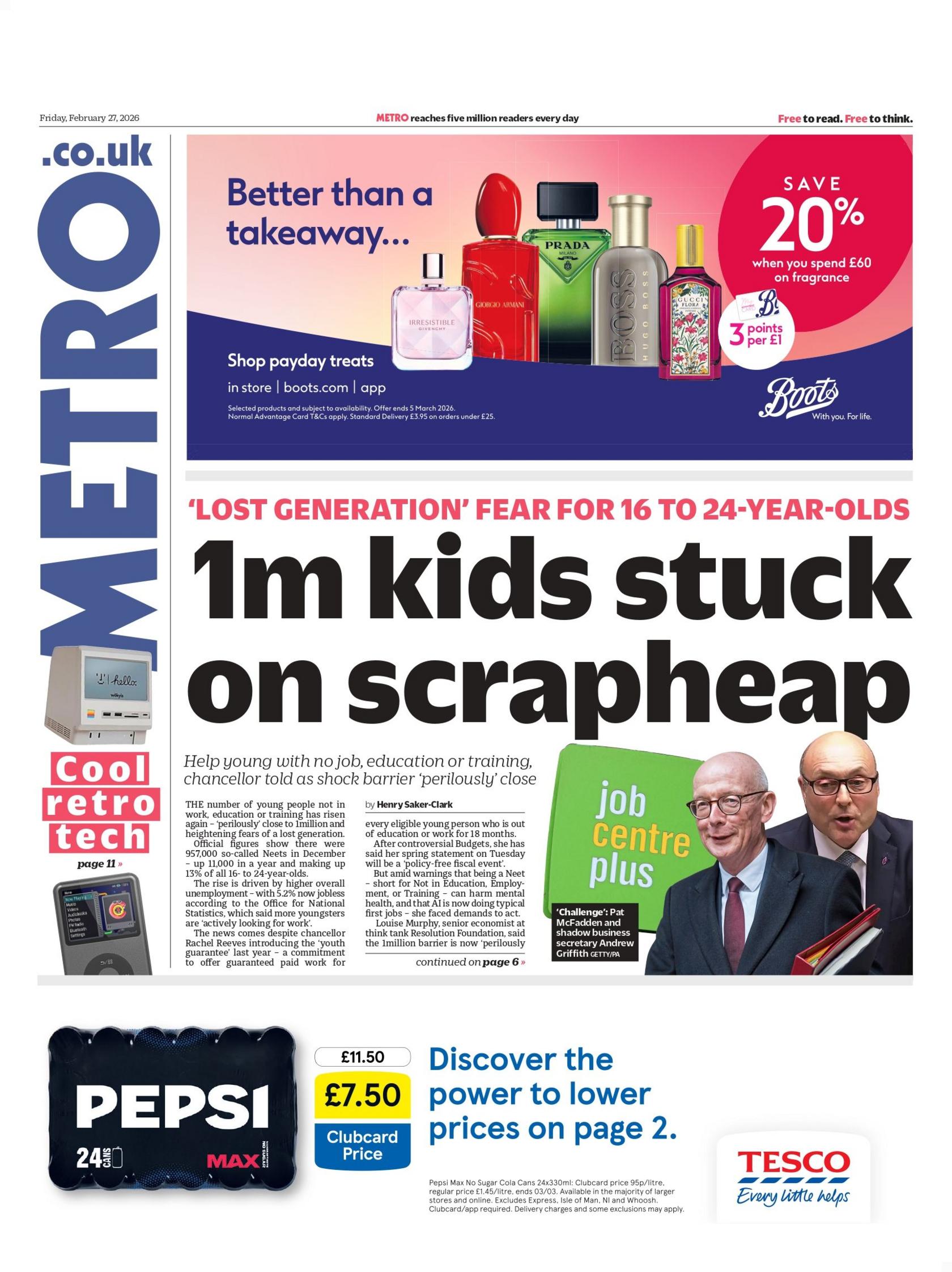 "1 milion fëmijë të bllokuar në grumbull mbeturinash", shkruhet në titullin kryesor në faqen e parë të Metro-s.