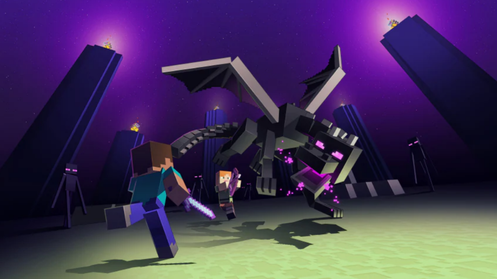 Alex and Steve fighting the ender dragon in Minecraft game