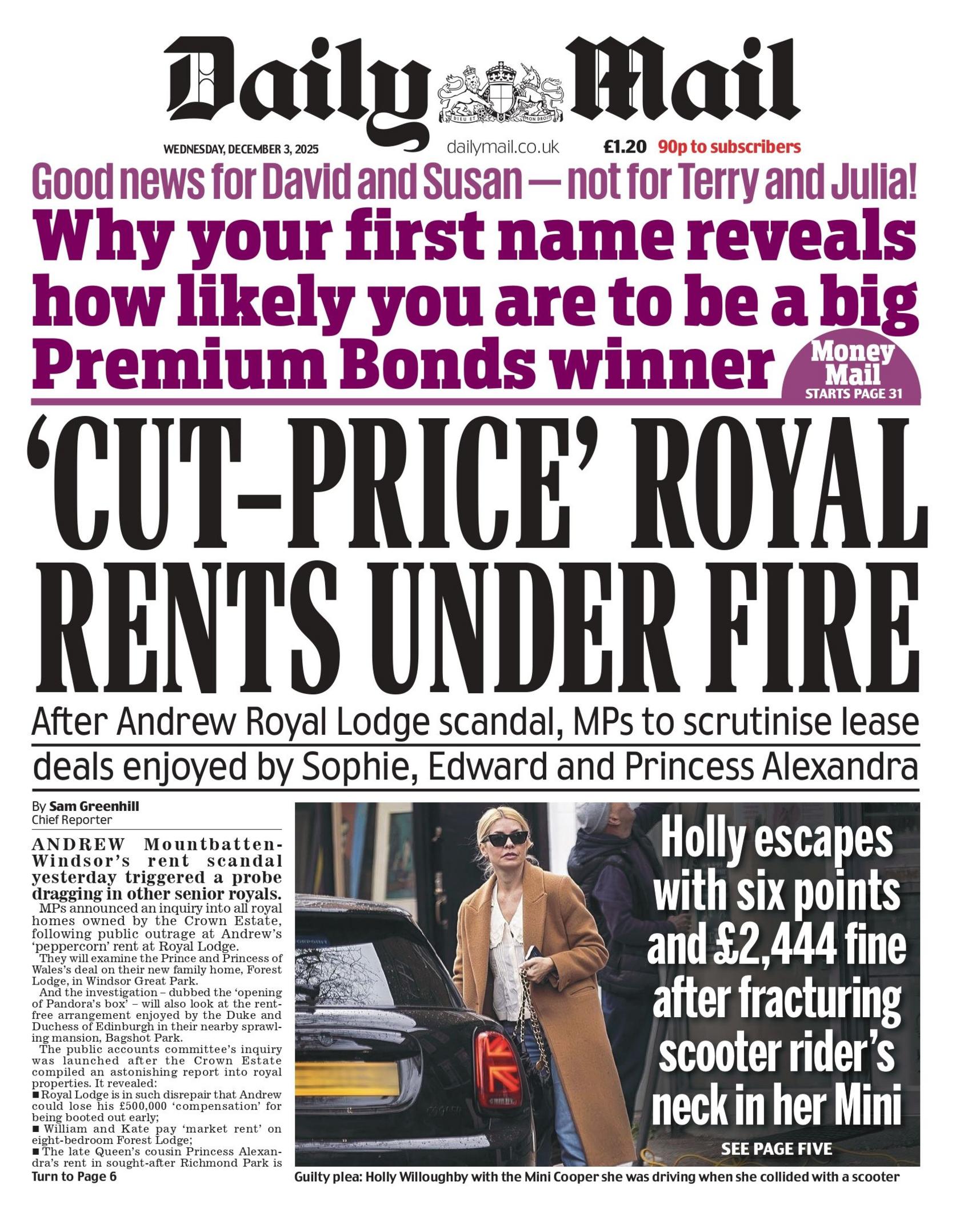 "'Cut-price' royal rents under fire" reads the headline on the front page of the Daily Mail.