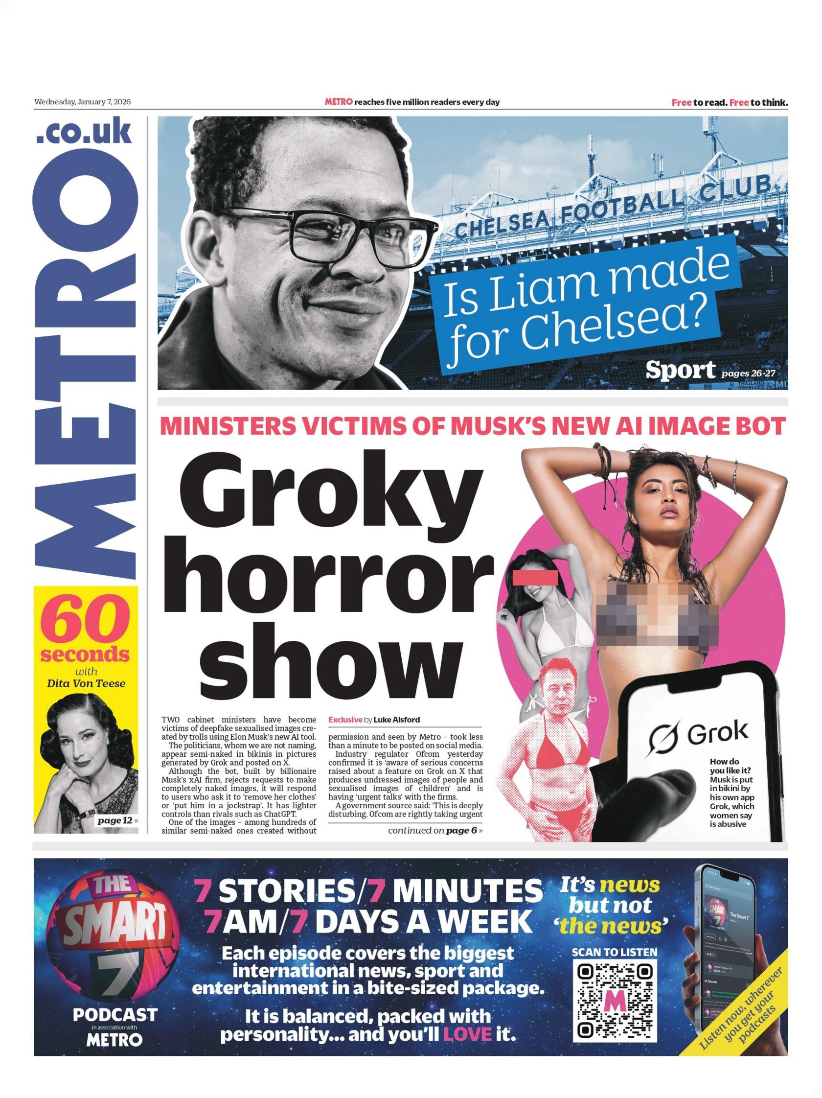 "Shfaqje horror Groky" është titulli kryesor në faqen e parë të Metro.