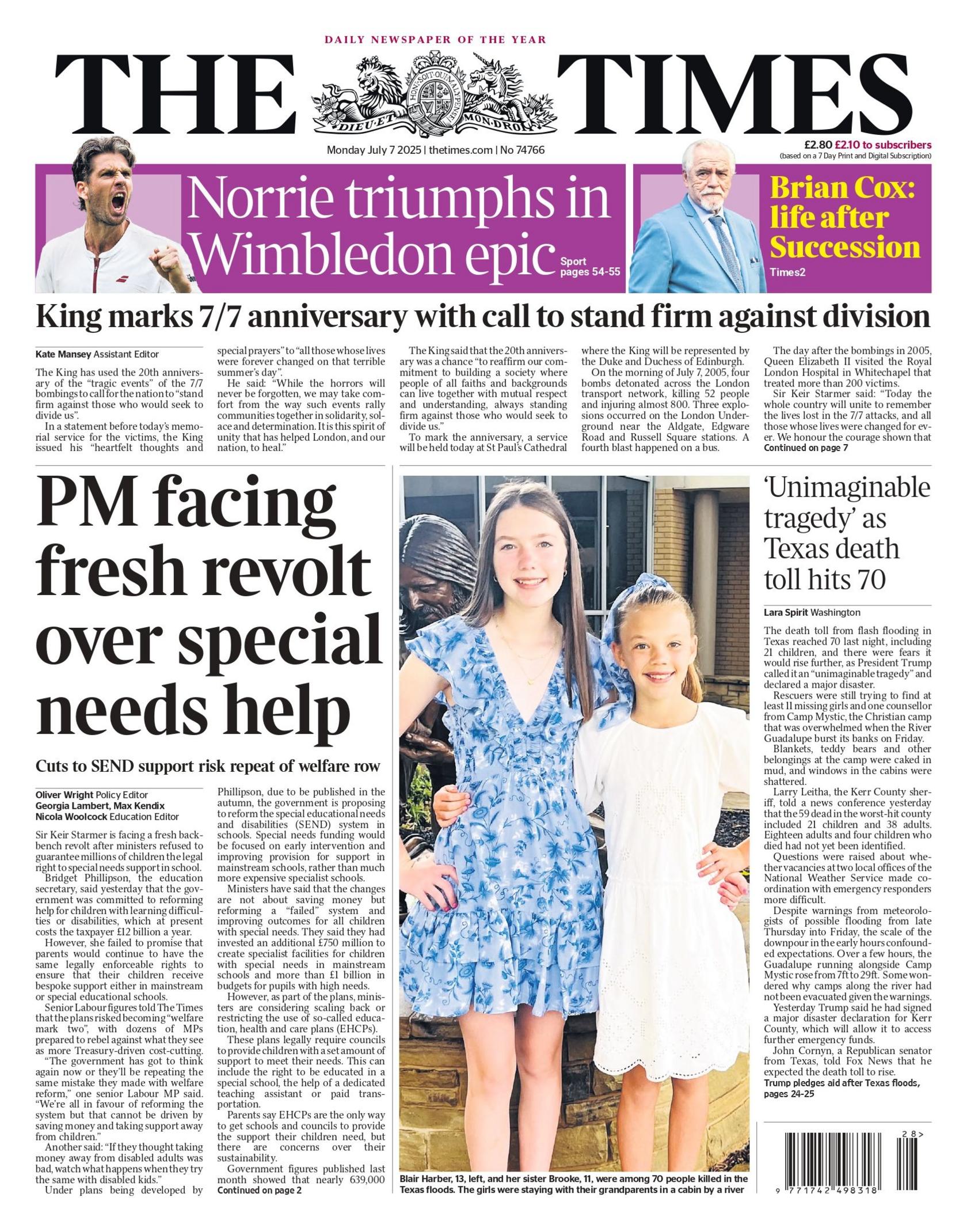 The Times front page with Sir Keir Starmer "facing fresh revolt" over the special educational needs and disabilities (Send) shake-up in schools. The Times also has the Texas summer camp disaster, an "unimaginable tragedy" on its front page.