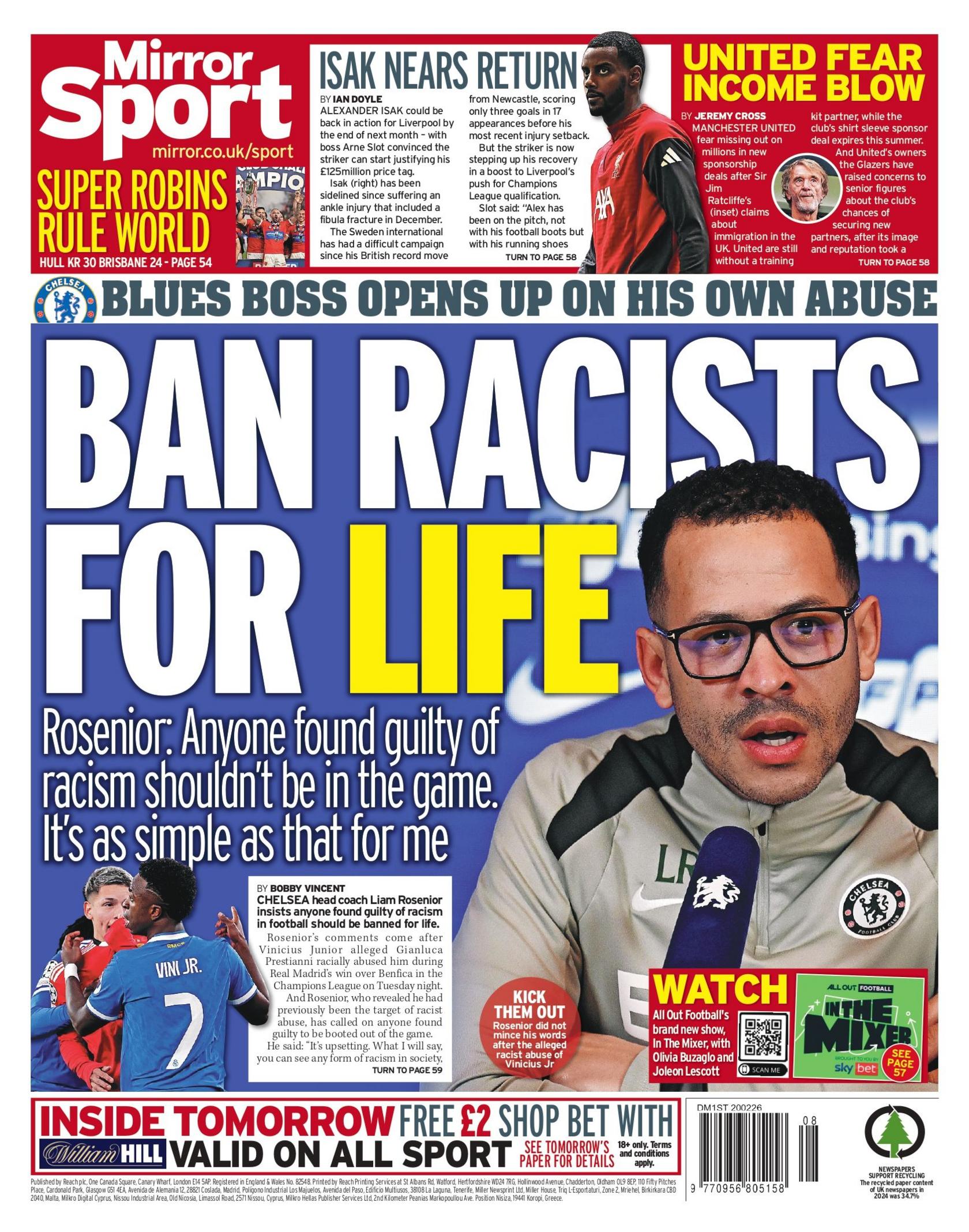 Back page of the Mirror. Its main headline reads: "Ban racists for life".