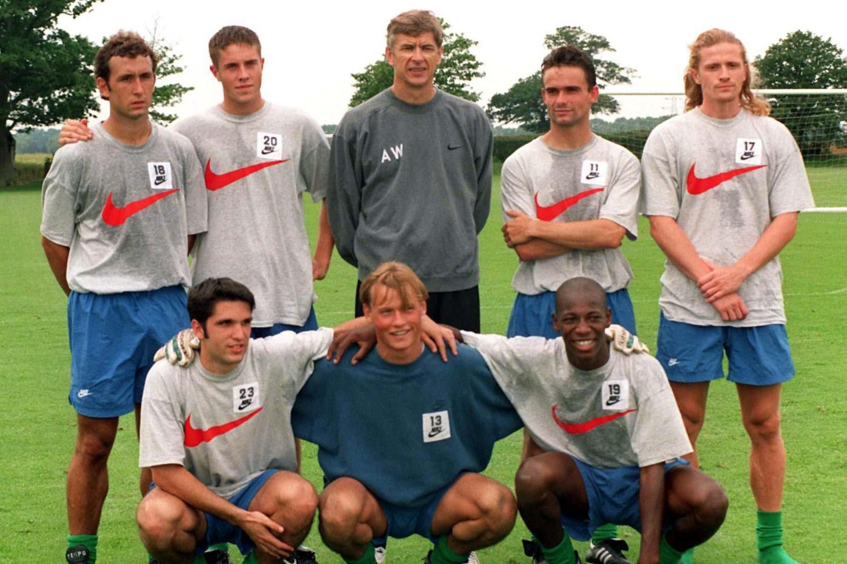 Arsenal boss Arsene Wenger with his seven new signings at pre-season training in the summer of 1997. Back row, from left: Gilles Grimandi, Matthew Upson, Wenger, Marc Overmars and Emmanuel Petit. Front row, from left: Alberto Mendez, Alex Manninger and Luis Boa Morte