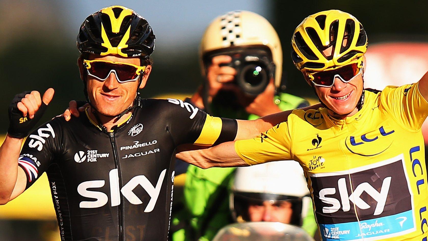 Geraint Thomas and Chris Froome cross the finishing line at the end of the 2015 Tour de France