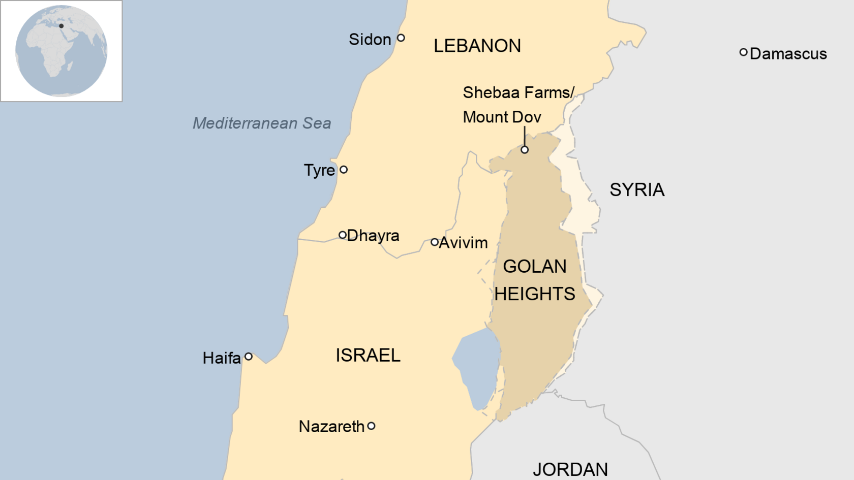 Map showing Israel, Lebanon and the Golan Heights