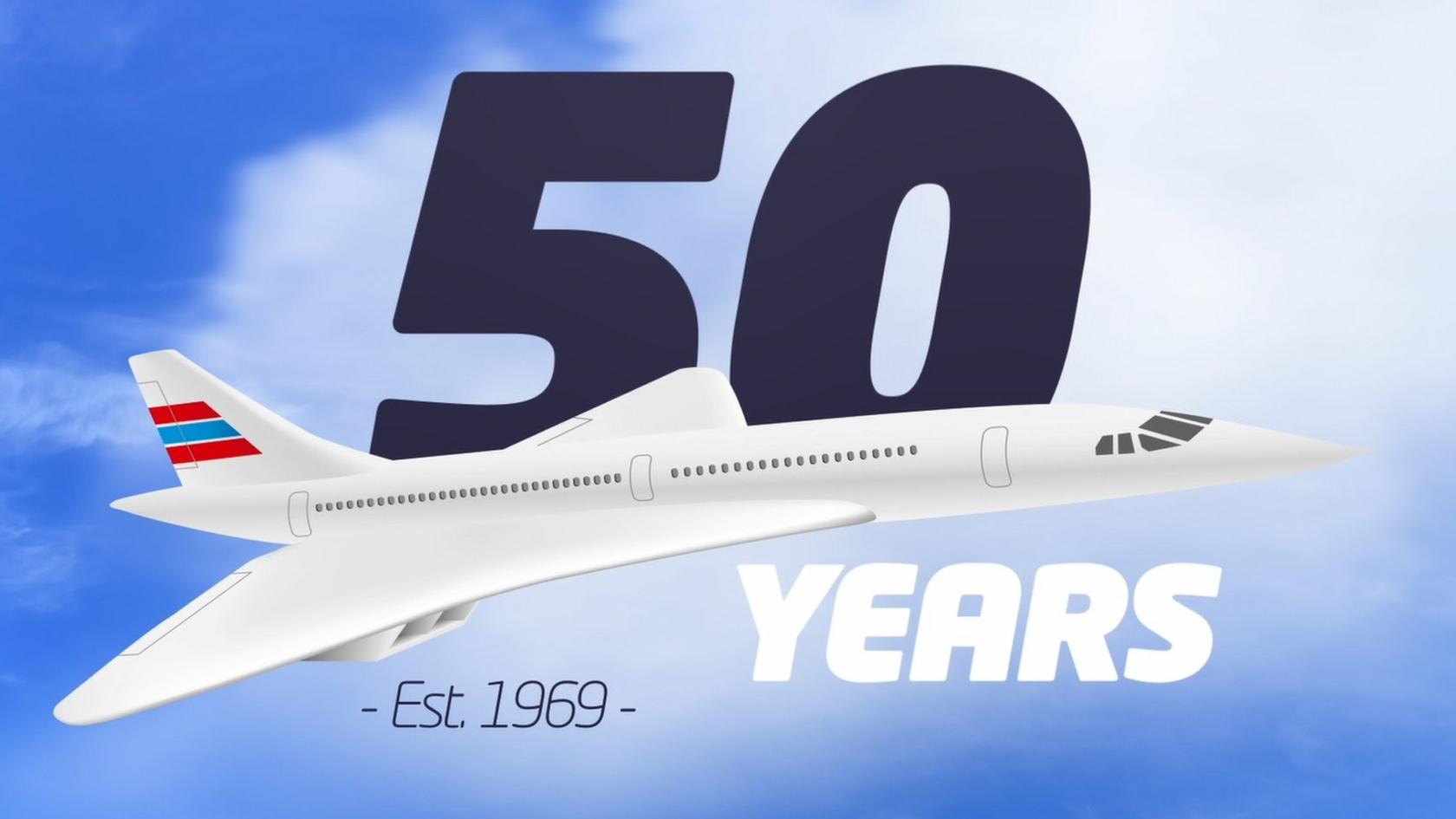 Graphic of a cartoon Concorde and the words 50 YEARS