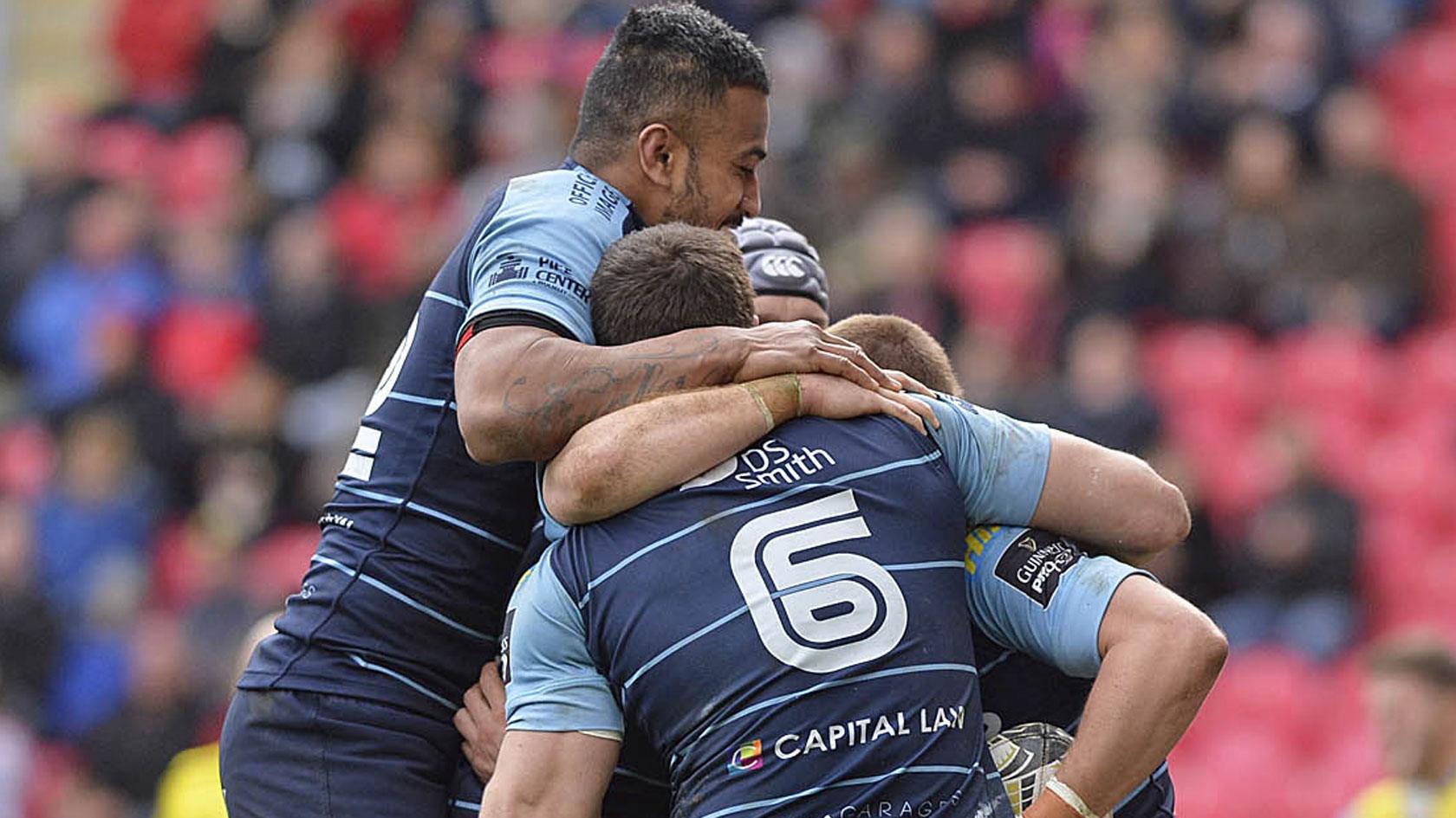 Cardiff Blues celebrate one of their three tries against Scarlets