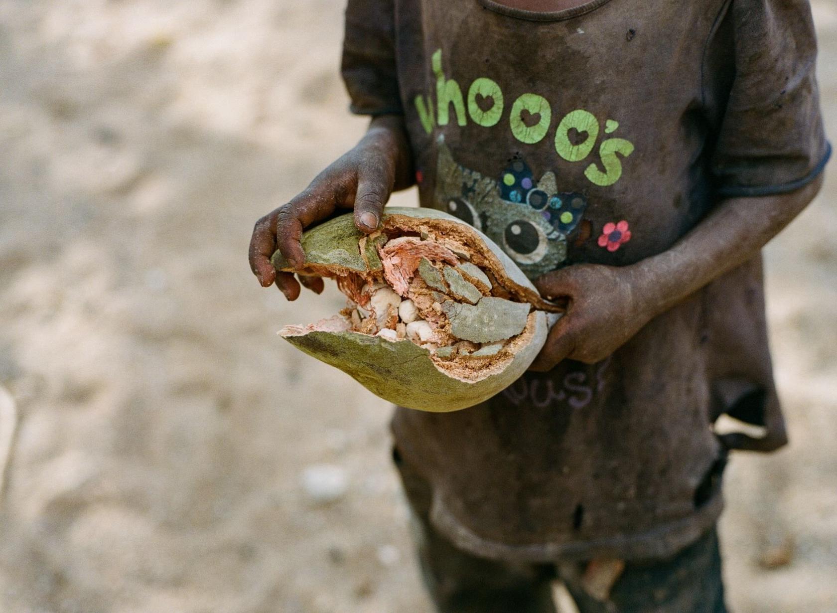 A Hadza man holding the fruit of a baobab tree